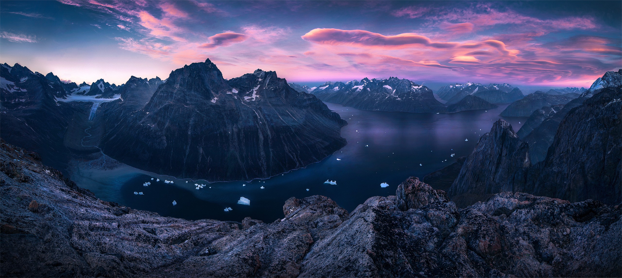 Greenland landscape with mountains, bay, and glaciers at sunset HD Wallpaper