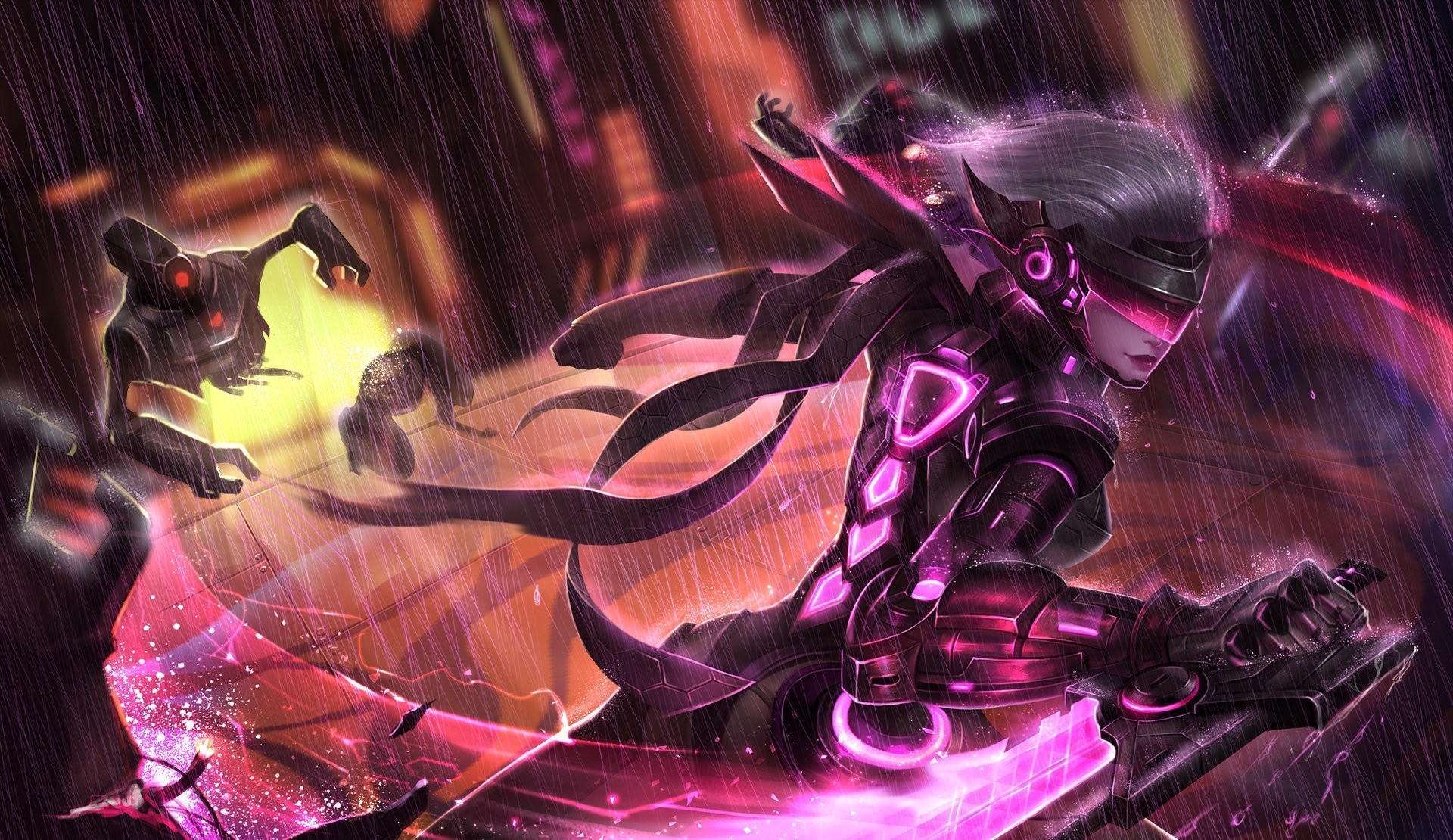 Fiora from League of Legends in a rainy city HD Wallpaper