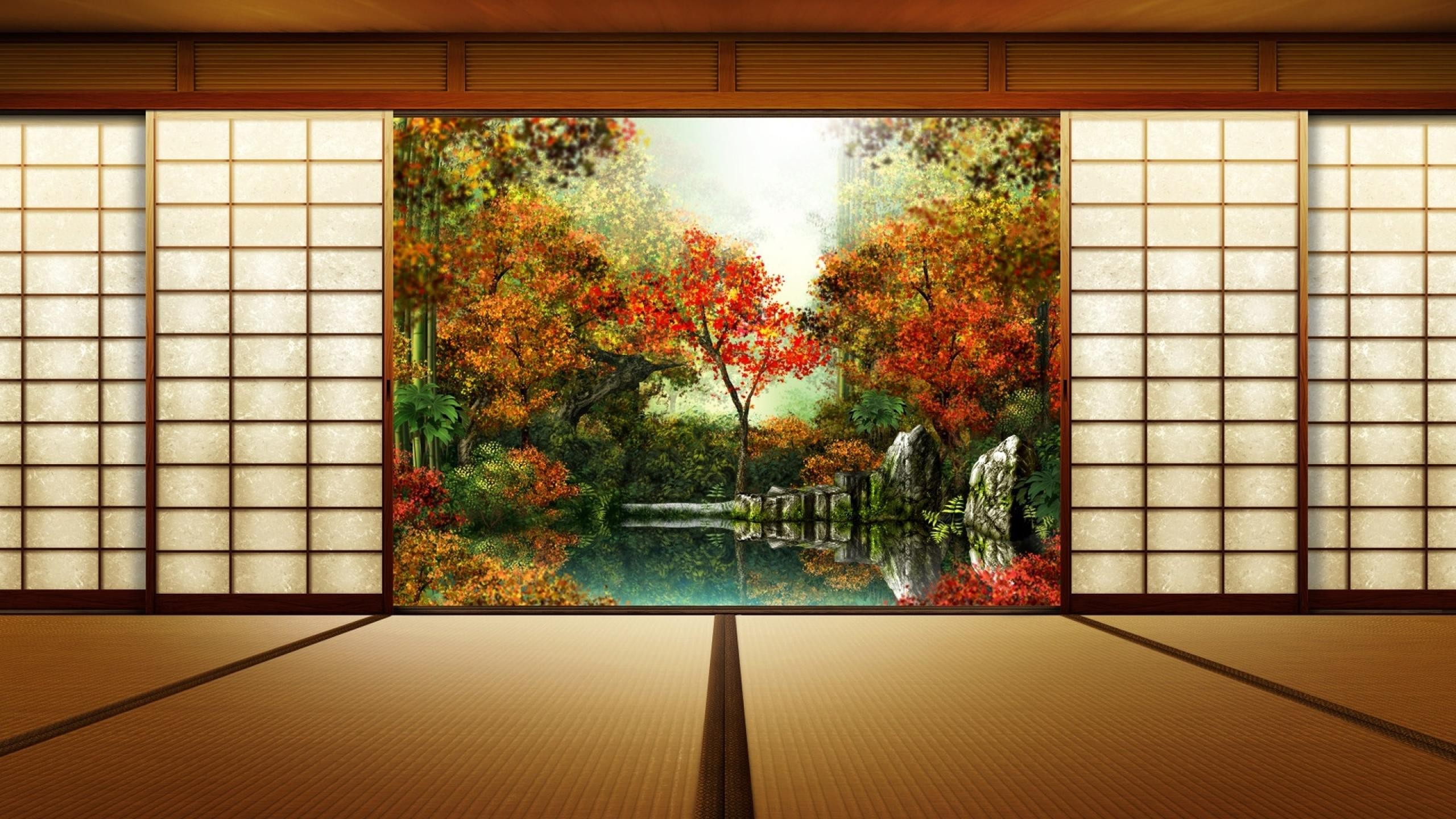 Traditional Japanese room with a view of an autumn garden HD Wallpaper