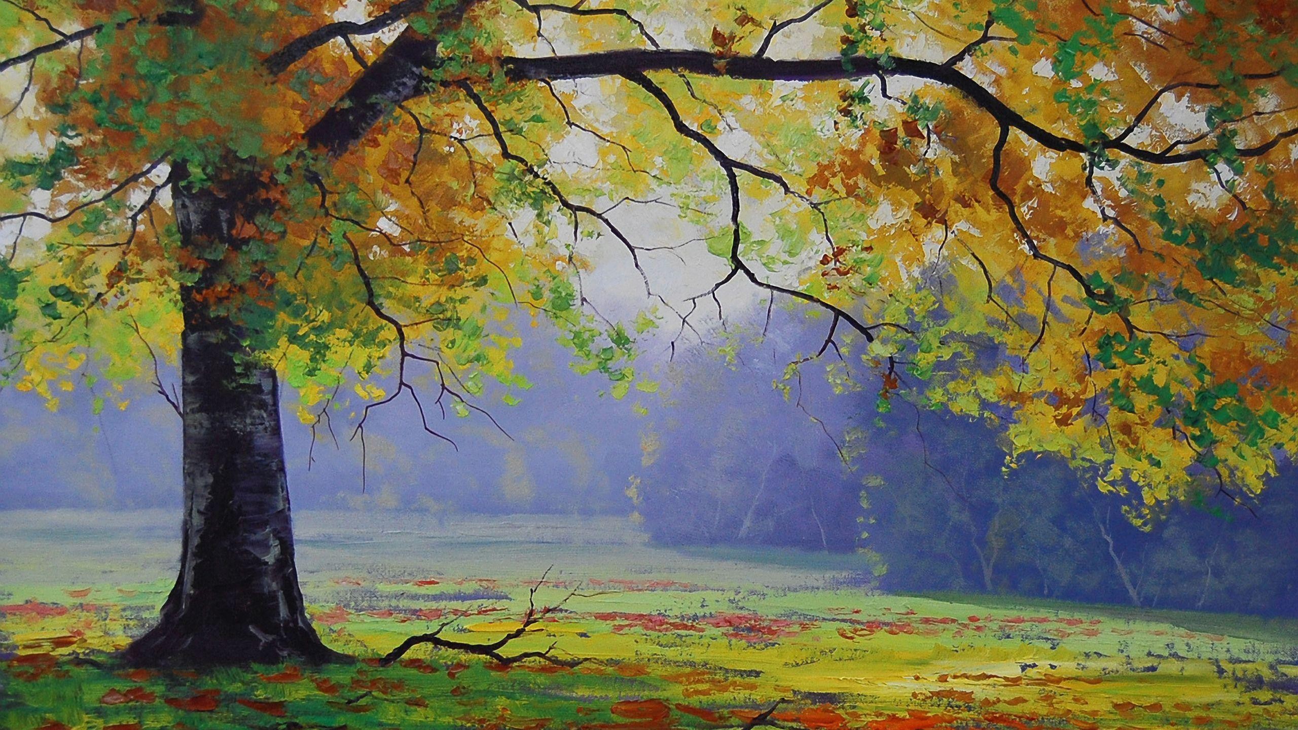 Painting of a large tree in autumn HD Wallpaper