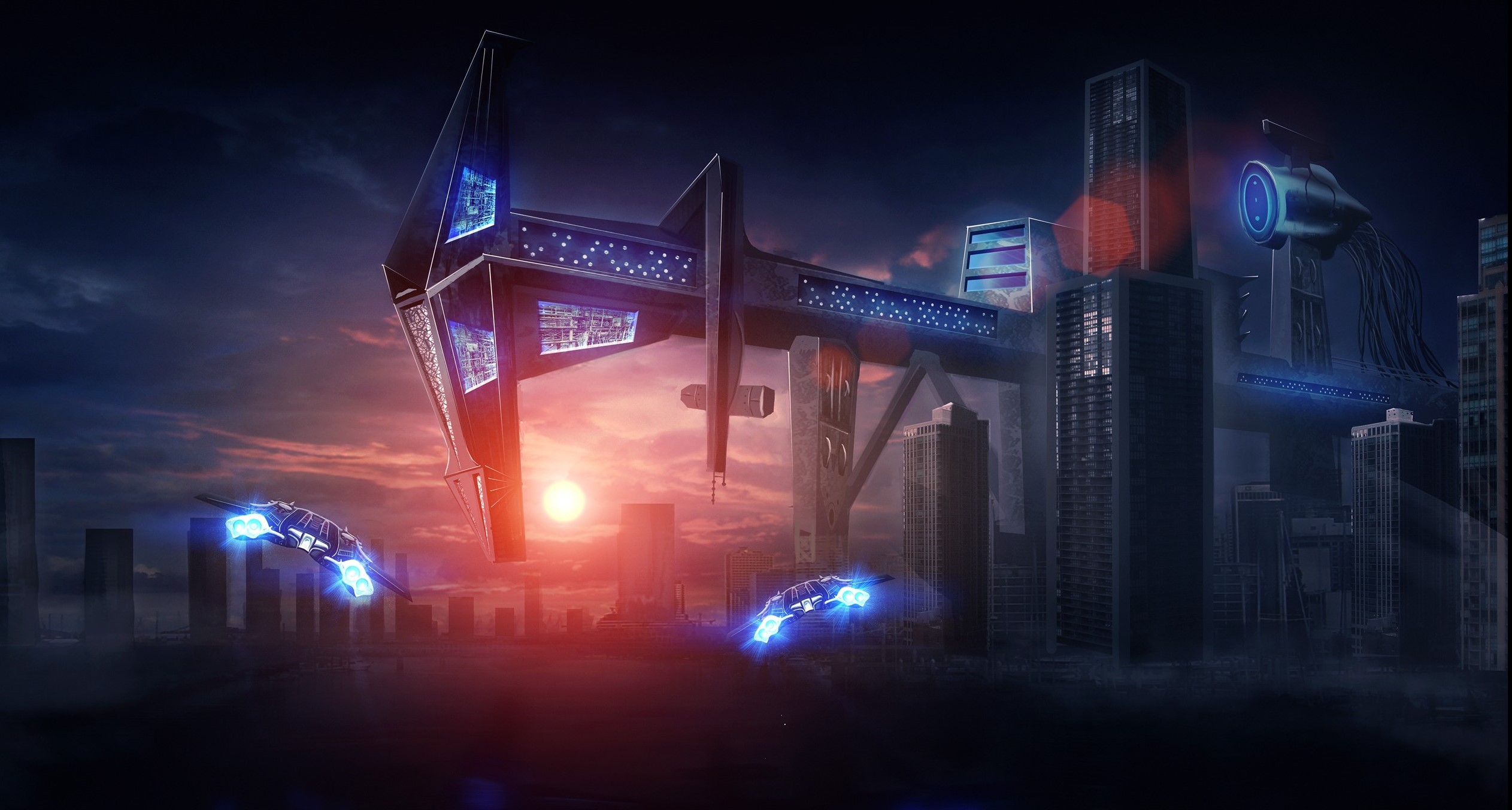 Futuristic cityscape with flying spaceships at sunset HD Wallpaper