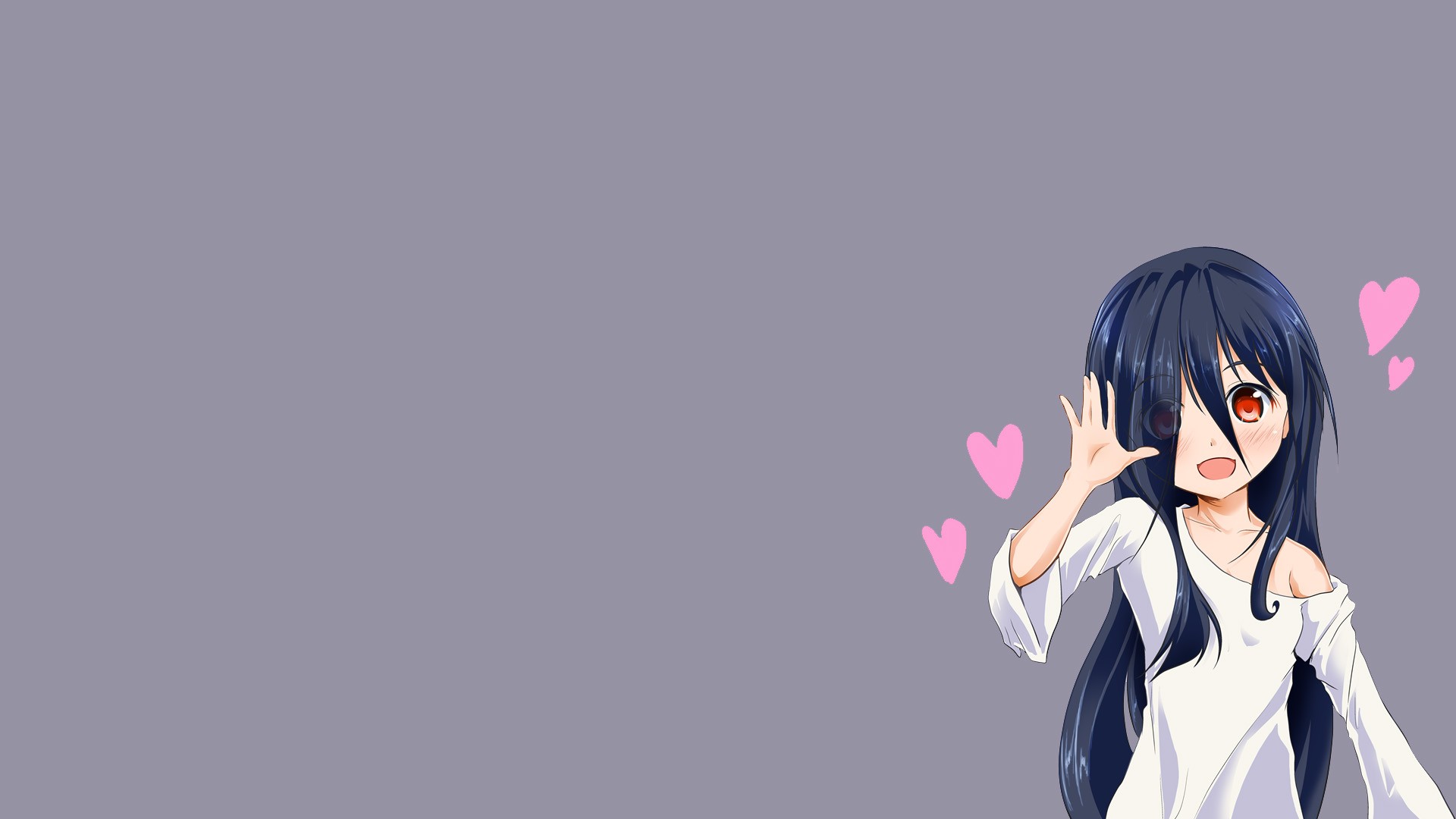 Anime girl with dark hair and pink hearts HD Wallpaper
