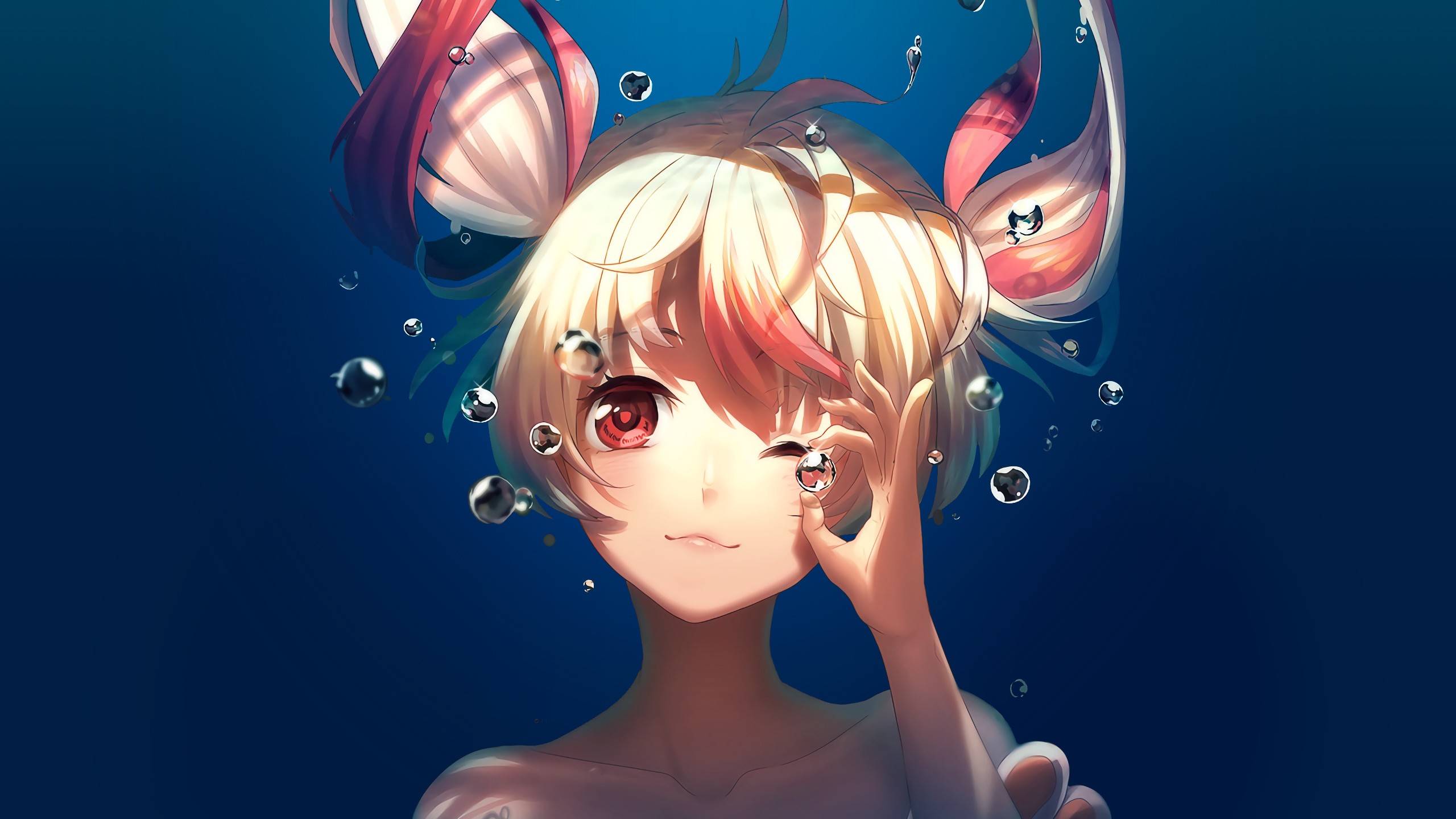 Anime girl with red eyes underwater with bubbles HD Wallpaper