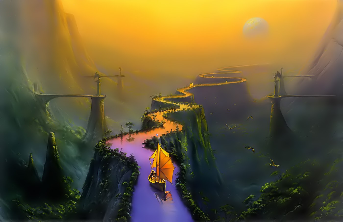 Fantasy art of a boat sailing on a river through mountains HD Wallpaper