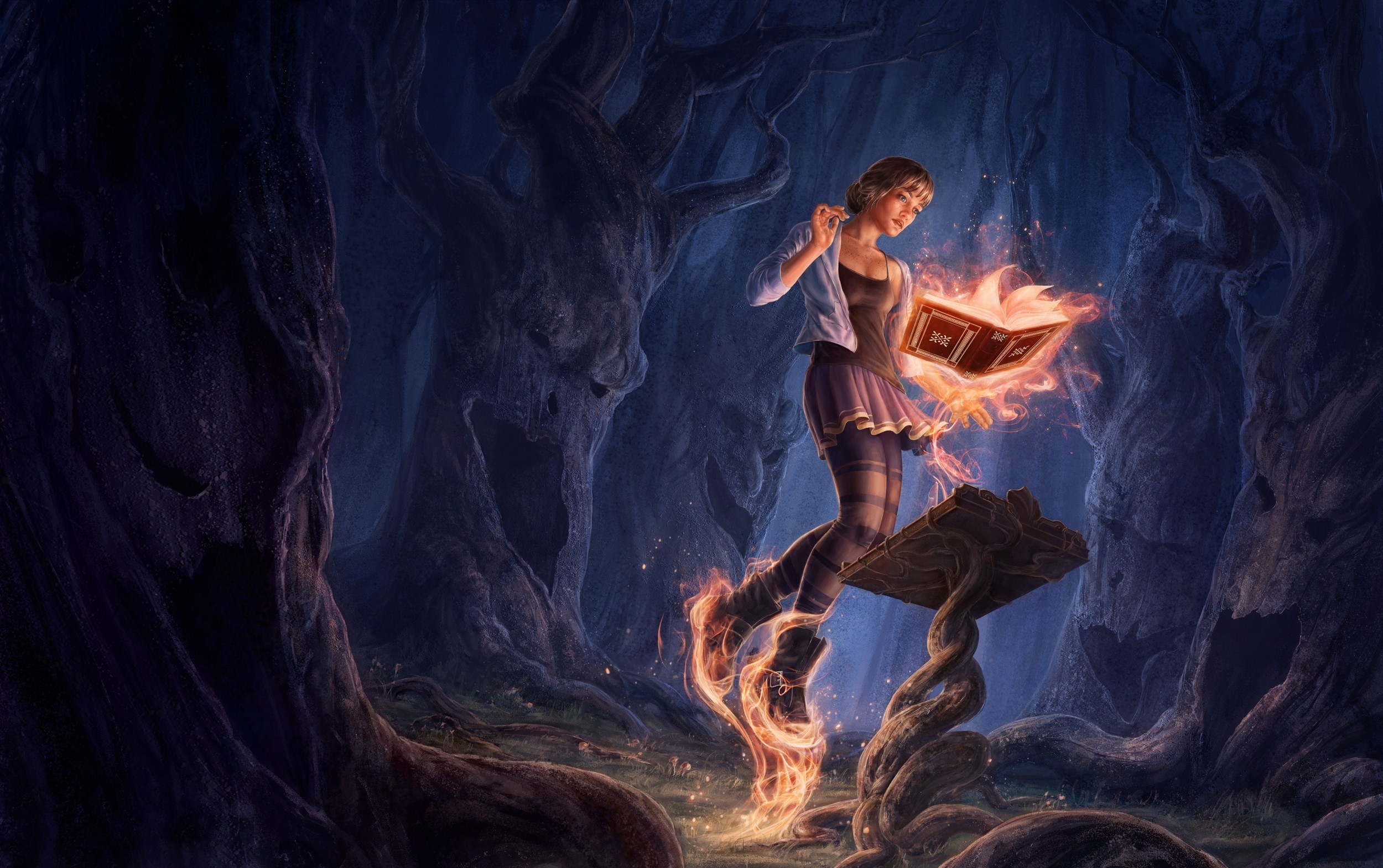 Girl reading a magical book in a dark forest HD Wallpaper