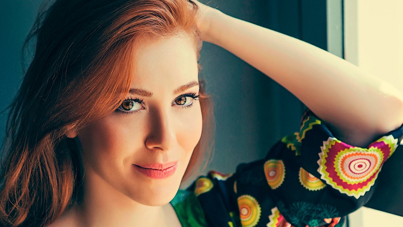 Elcin Sangu with red hair and colorful dress HD Wallpaper