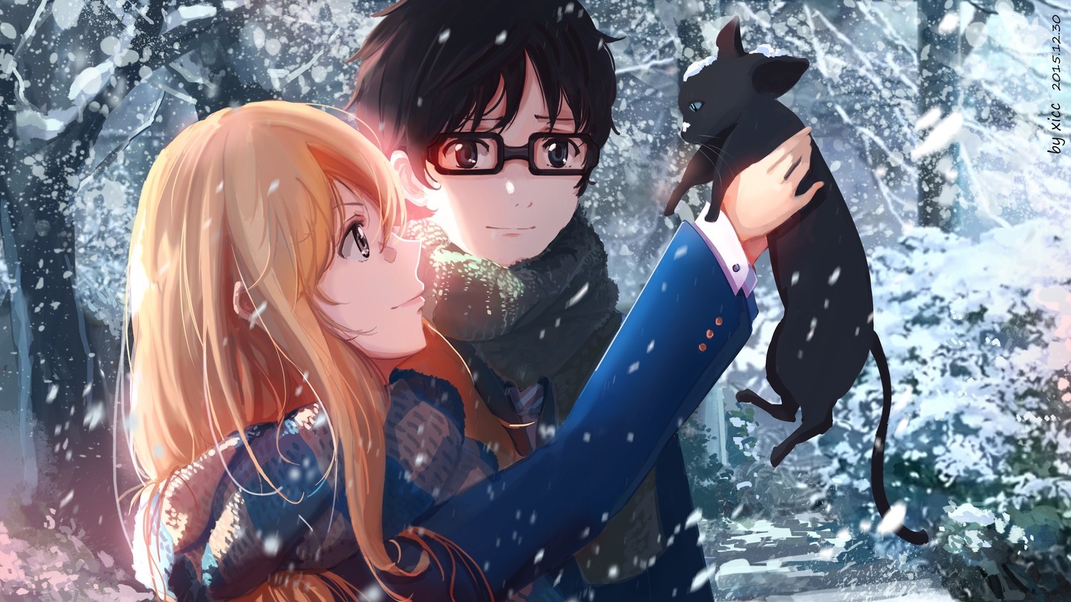 Miyazono Kaori and Arima Kousei with a cat in snow HD Wallpaper