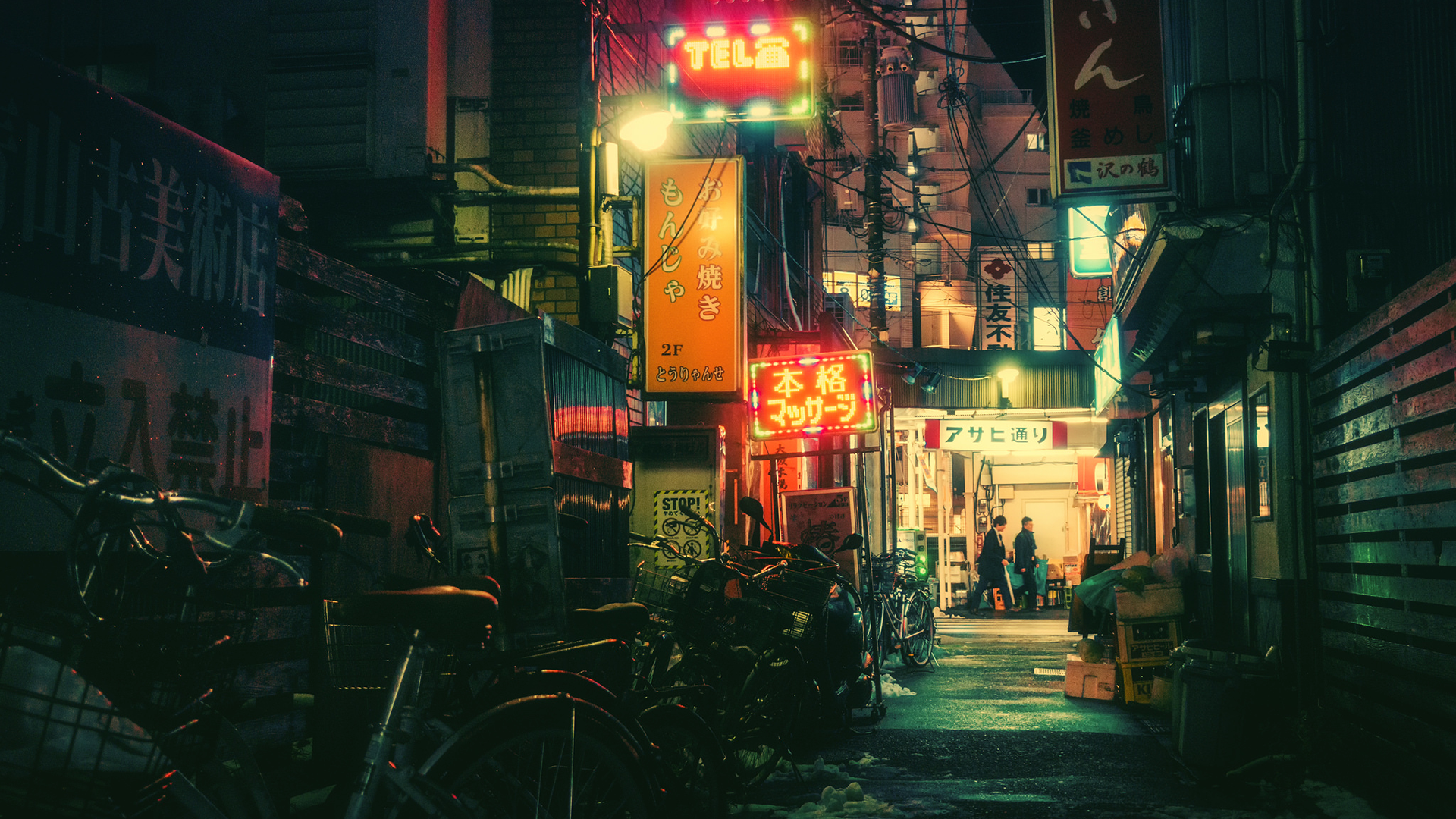 Japanese street with neon signs and bicycles HD Wallpaper