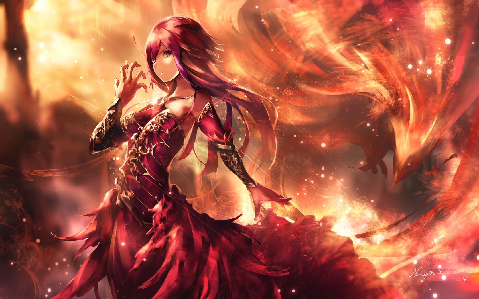 Anime girl in a red dress with a phoenix HD Wallpaper