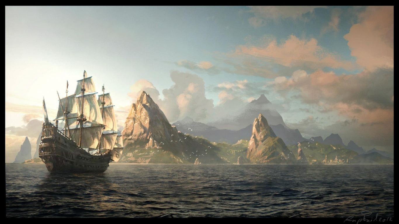 Artwork of a ship sailing near a mountainous island landscape HD Wallpaper