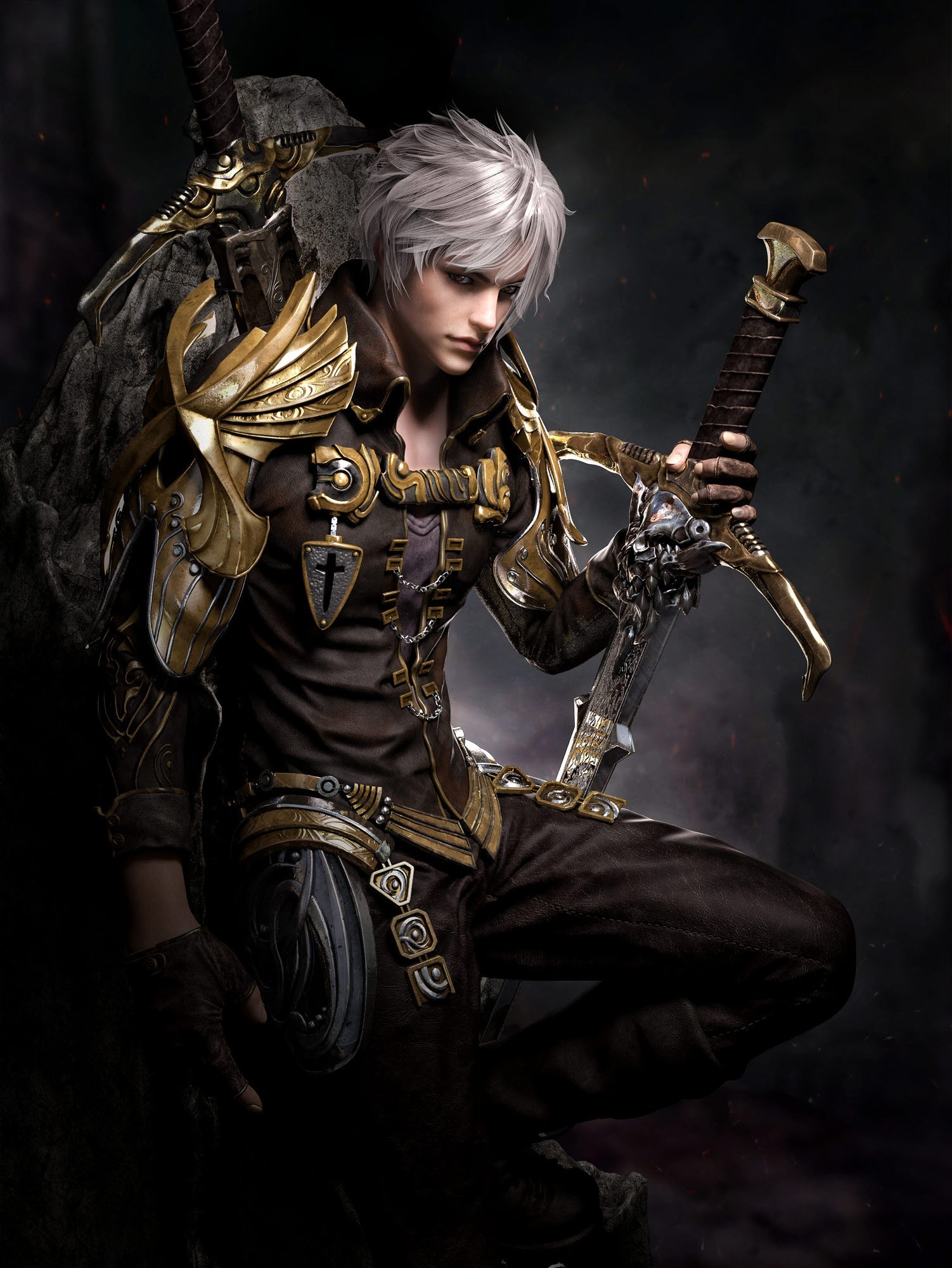 Fantasy knight with grey hair and armor holding a sword HD Wallpaper
