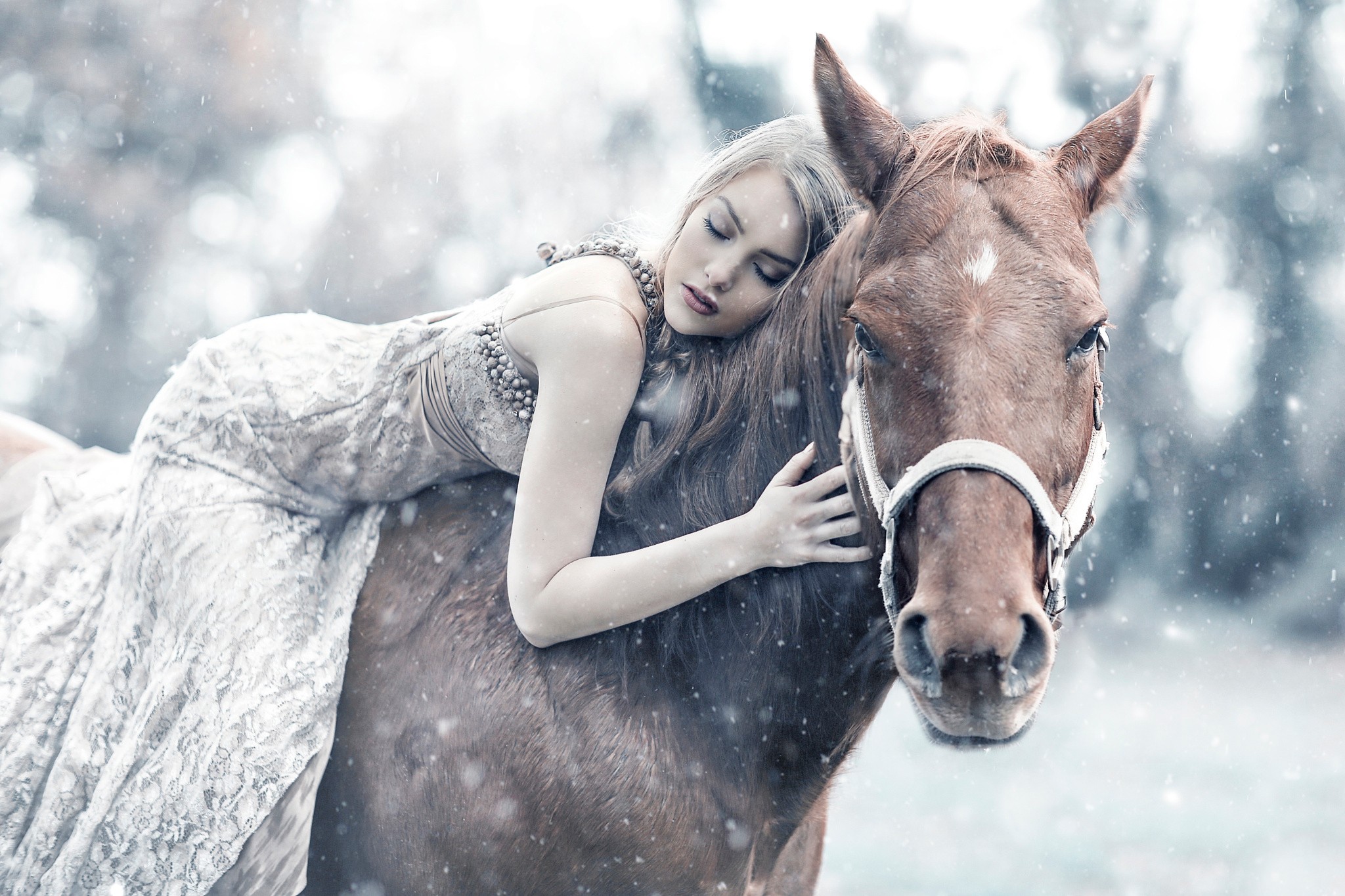 Woman resting on a horse in the snow HD Wallpaper