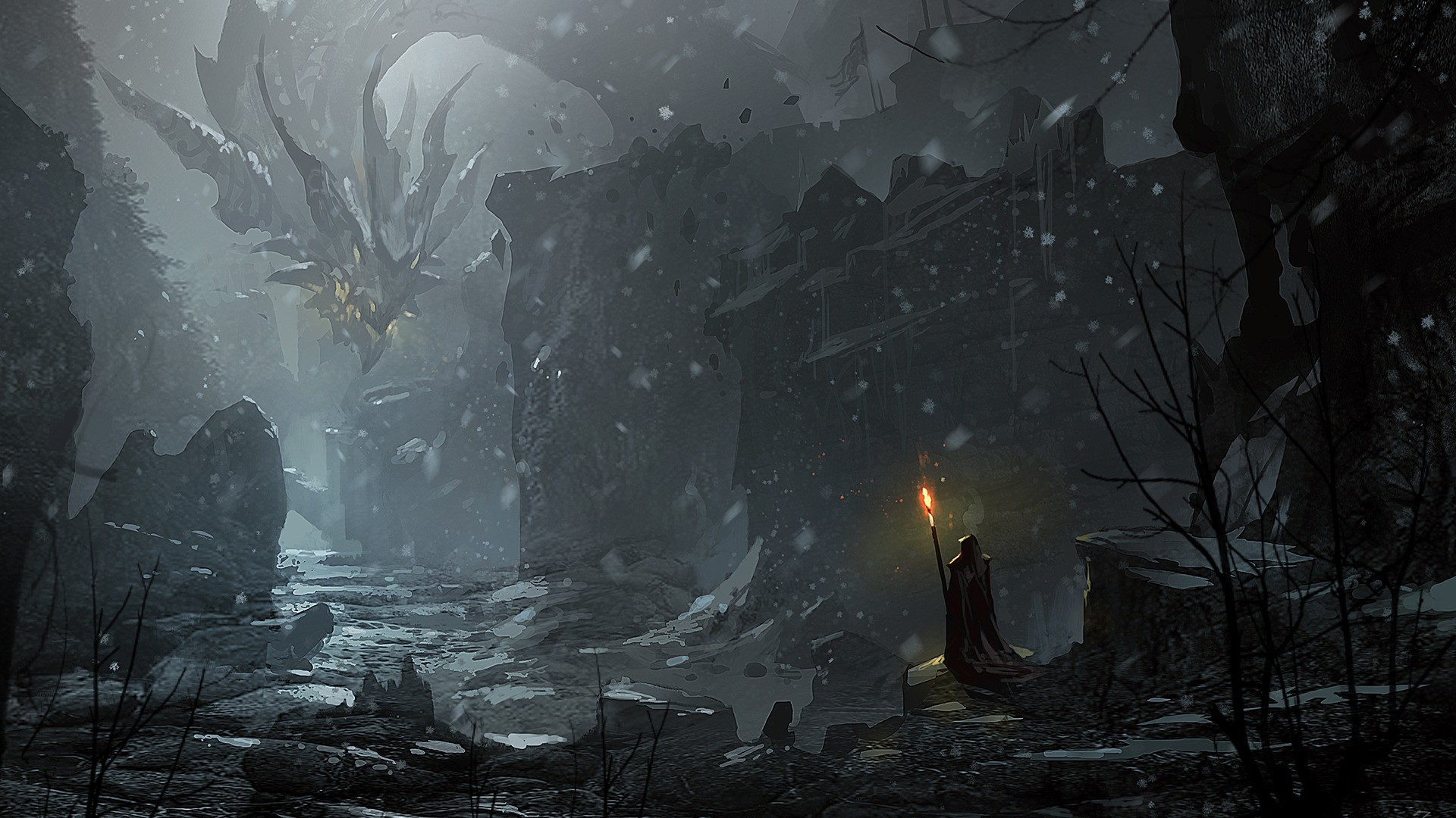 Fantasy art of a dragon and a wizard in snow HD Wallpaper
