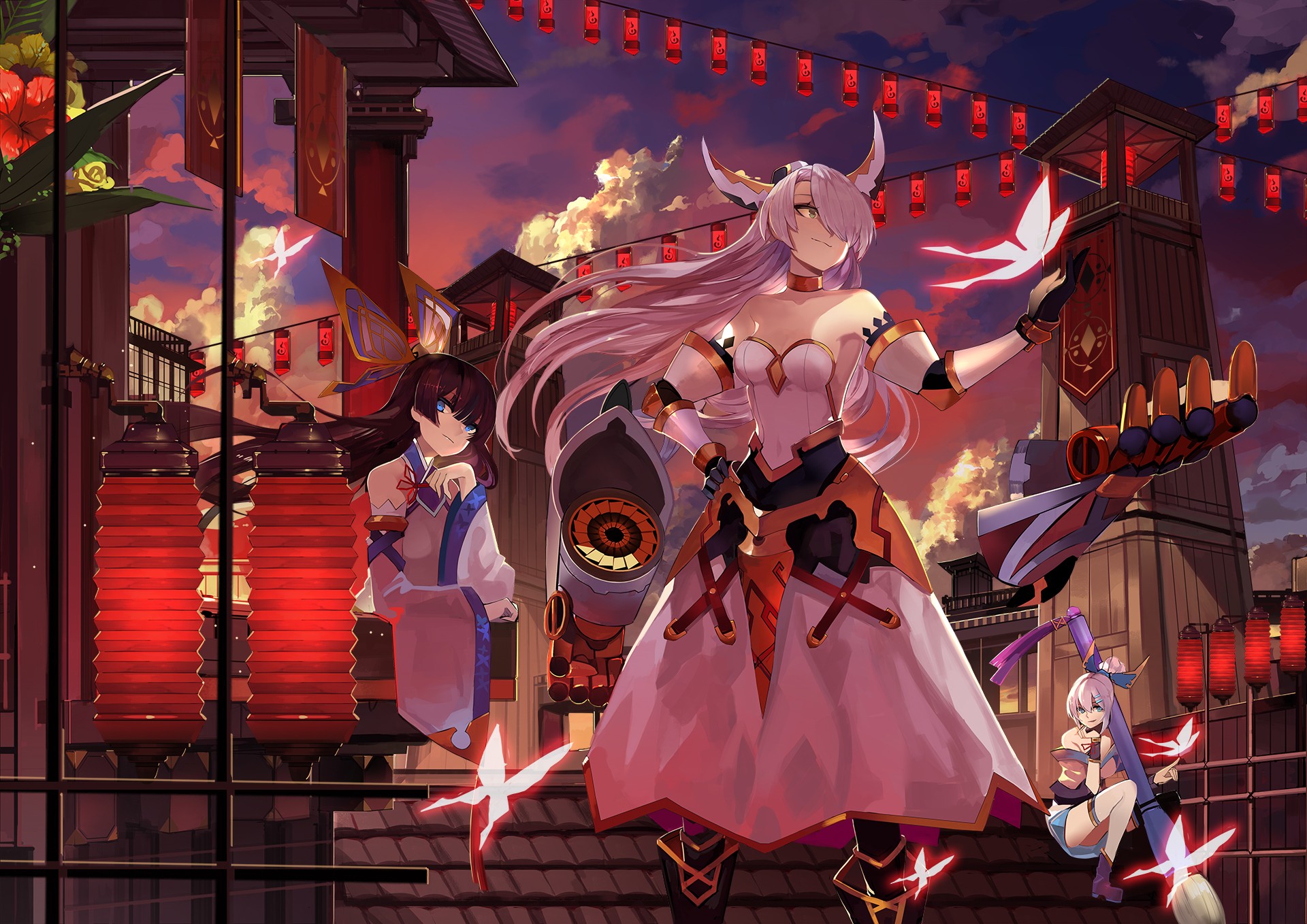 Anime girls with horns and butterfly wings at sunset HD Wallpaper