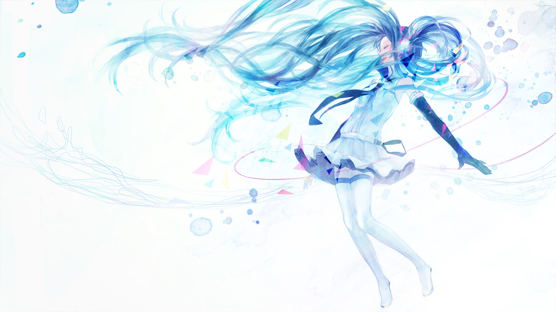 Hatsune Miku floating with blue hair and white dress HD Wallpaper