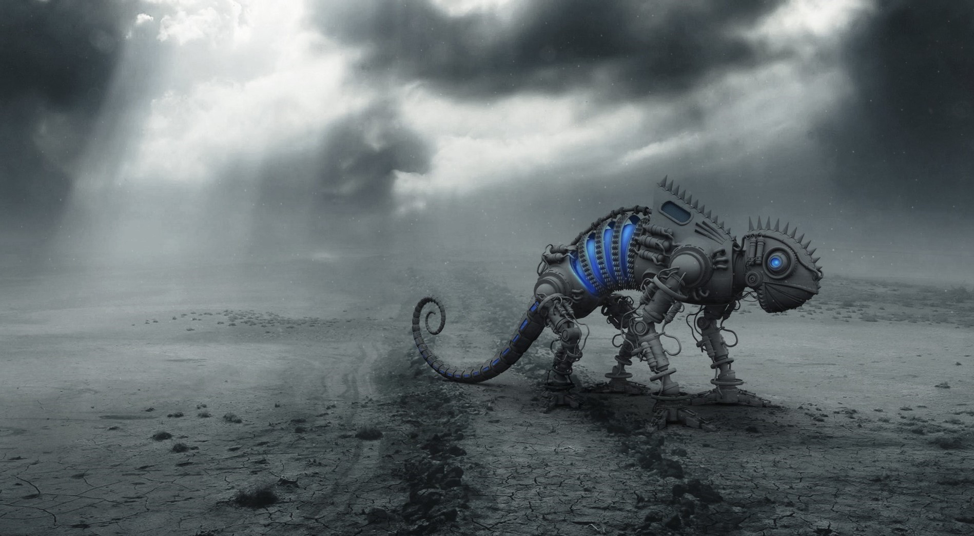 Mechanical Chameleon in a Desolate Landscape HD Wallpaper