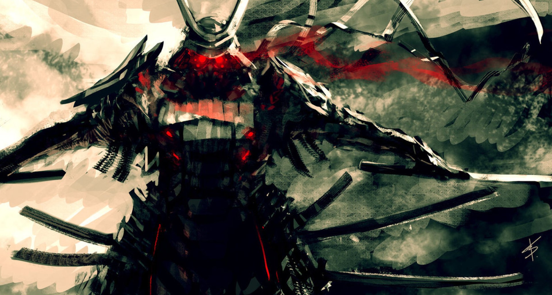 A menacing samurai with glowing red eyes HD Wallpaper