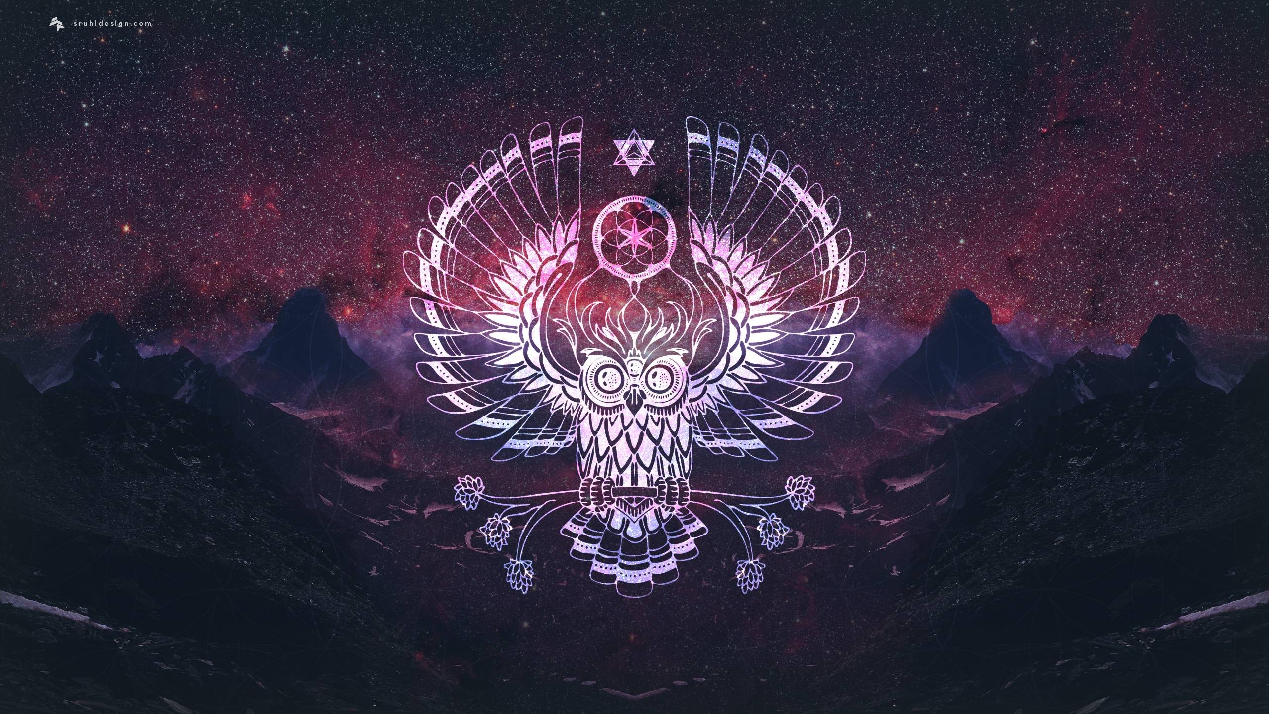 Stylized owl with wings spread against a starry sky HD Wallpaper