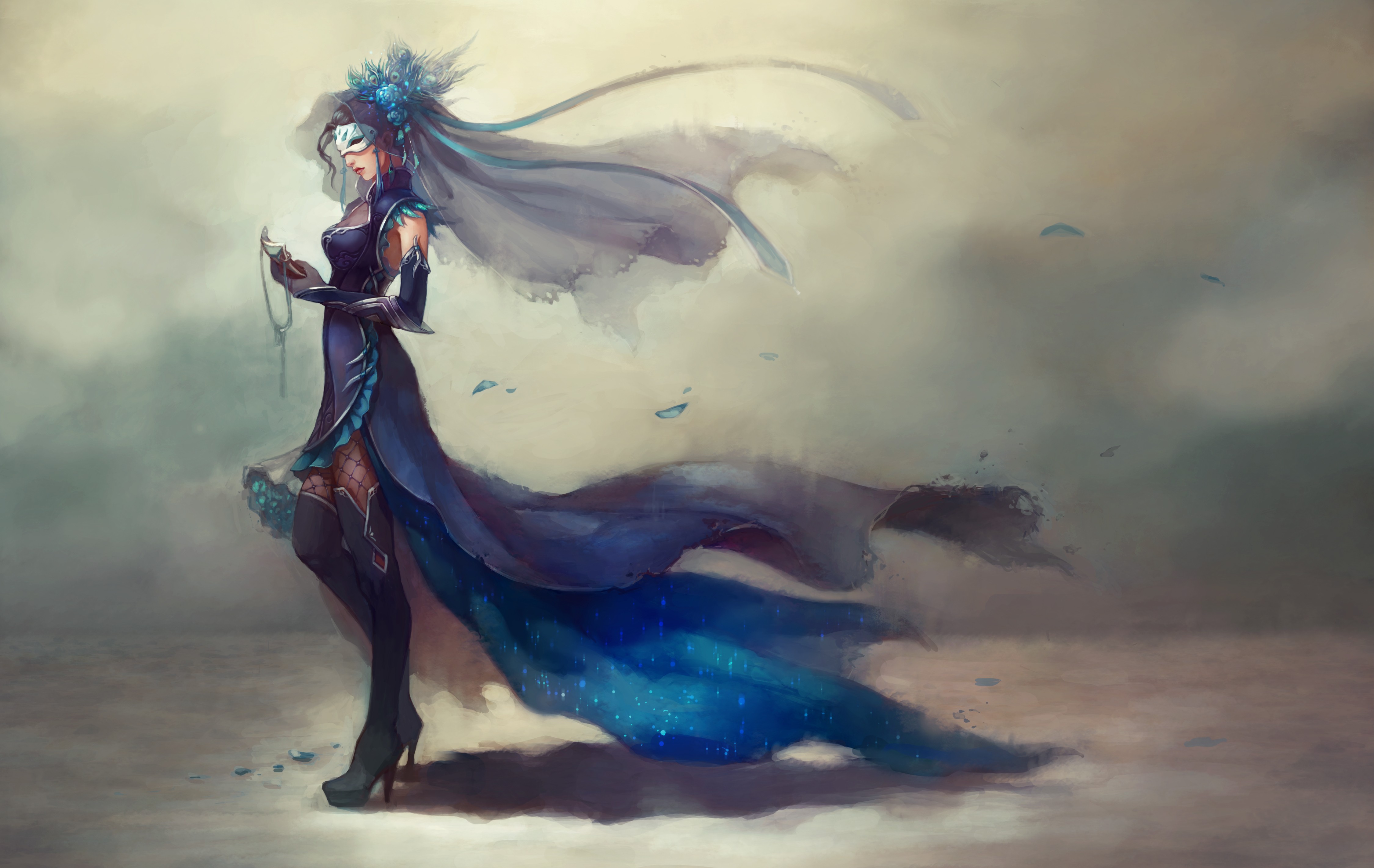 Anime girl in a blue dress with a mask HD Wallpaper