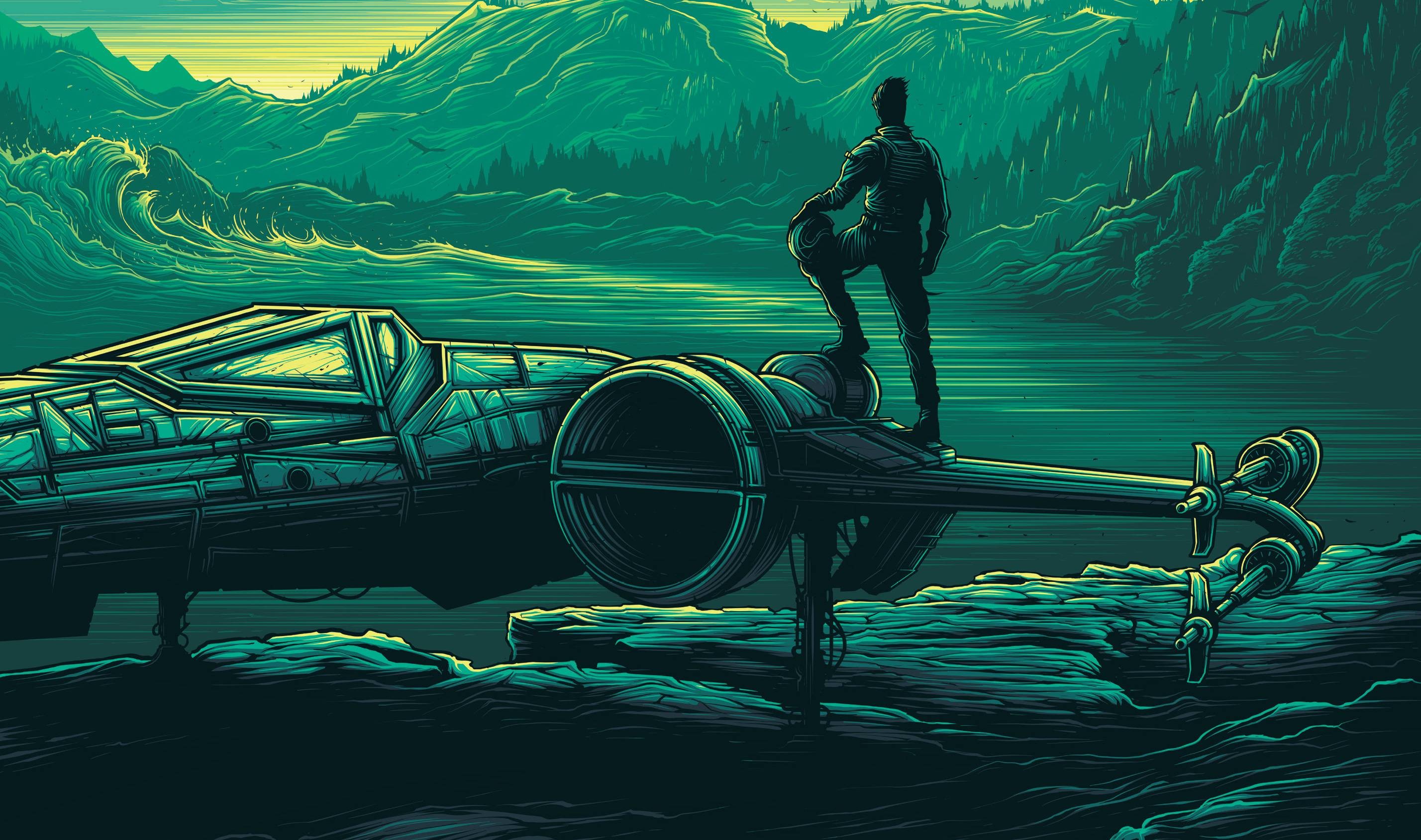 Star Wars X-wing pilot overlooking a cyan landscape HD Wallpaper