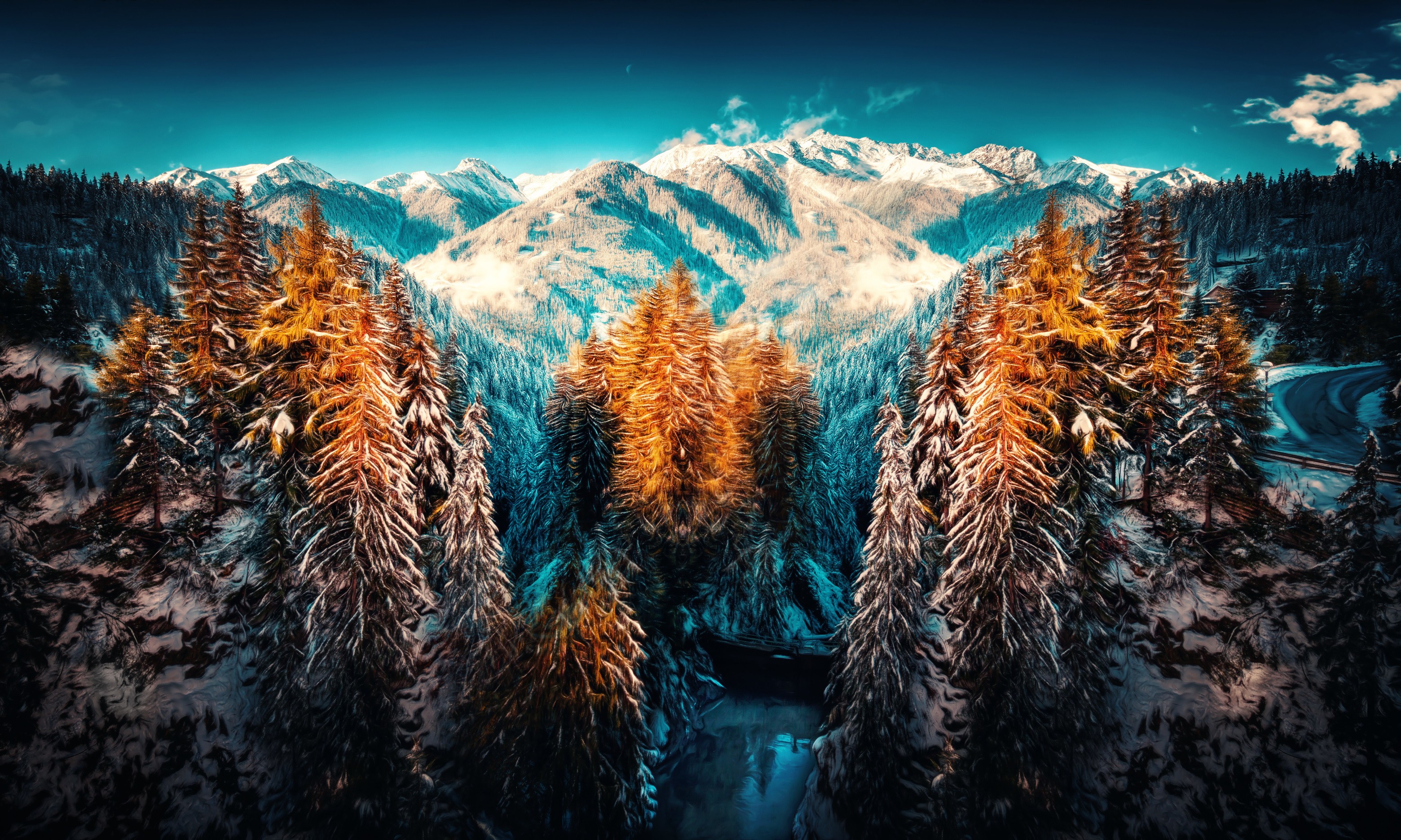 Winter mountains landscape with snow-covered trees HD Wallpaper