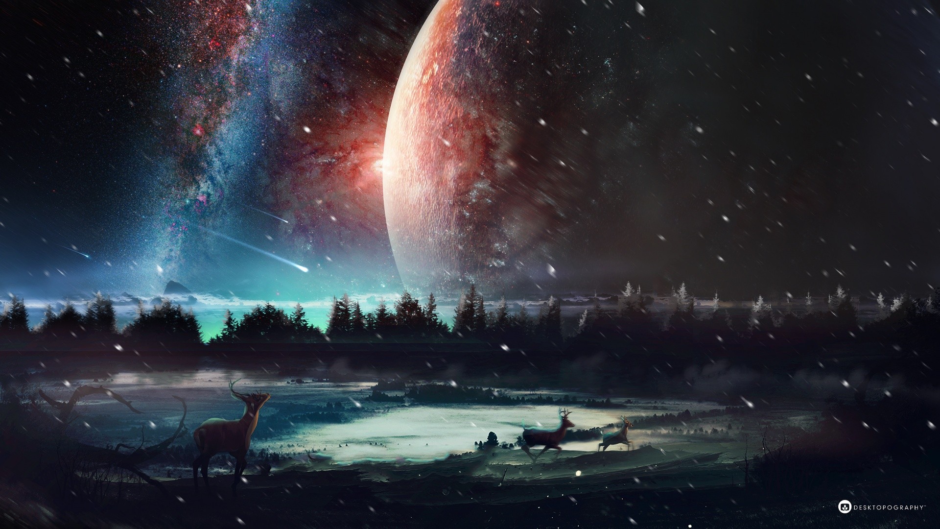 Deer in a snowy landscape with planets and a nebula HD Wallpaper