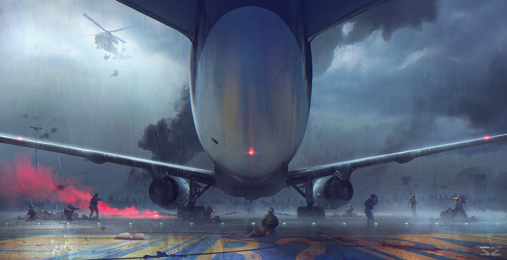 Artwork of zombies and soldiers at an airfield during a storm HD Wallpaper