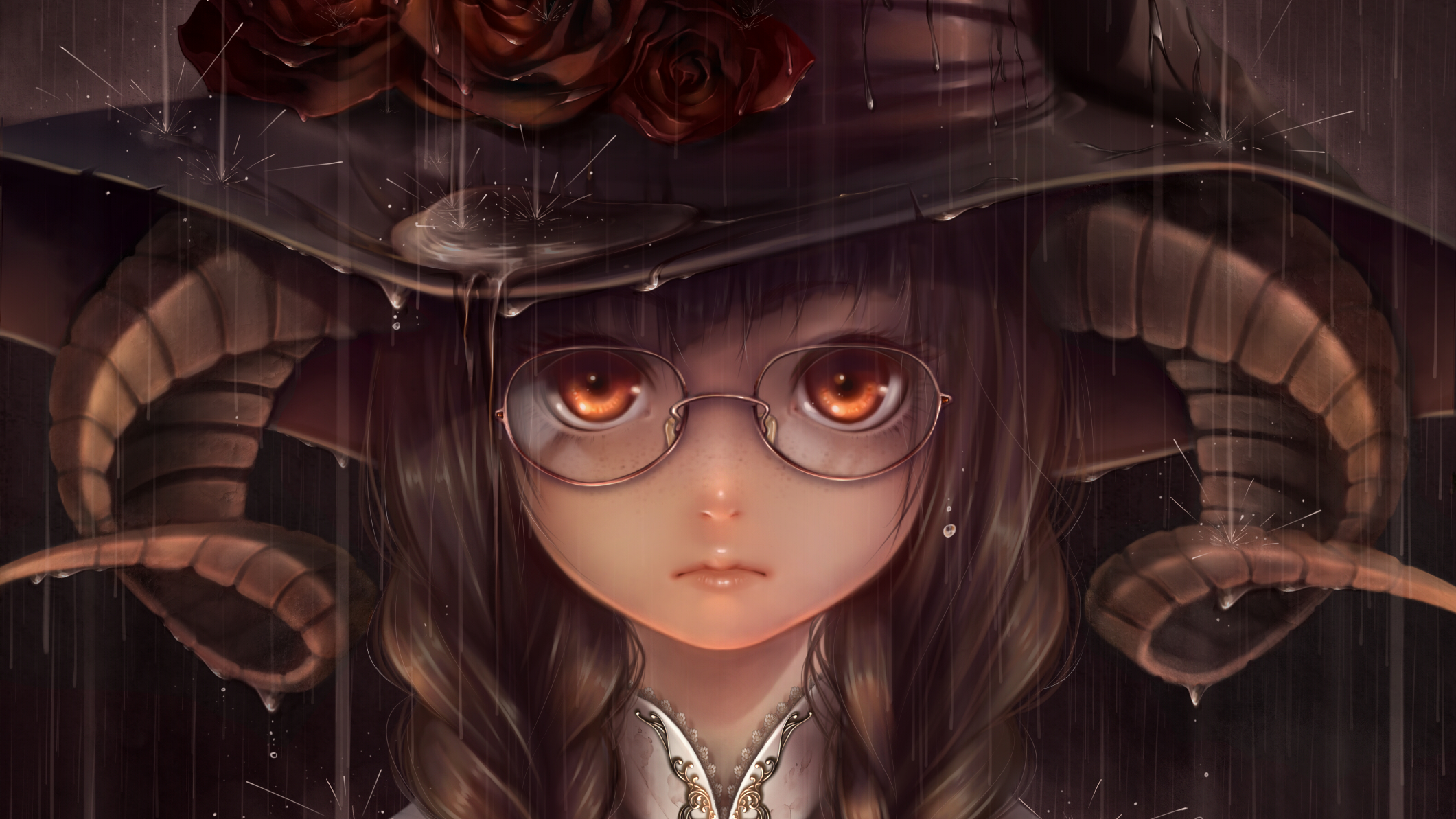 Anime girl with horns and glasses in the rain HD Wallpaper