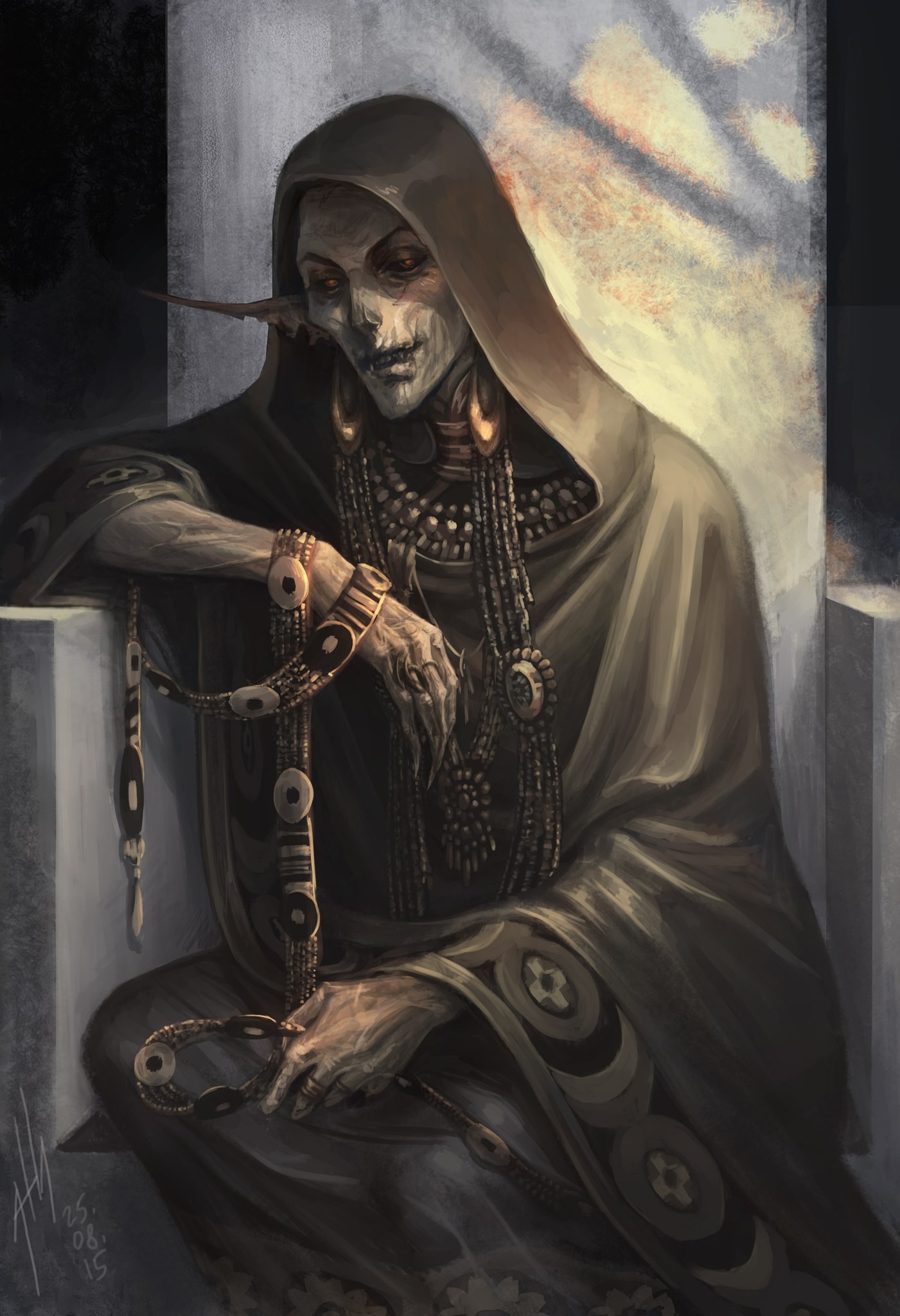 Fantasy art of an old, skeletal figure in robes HD Wallpaper
