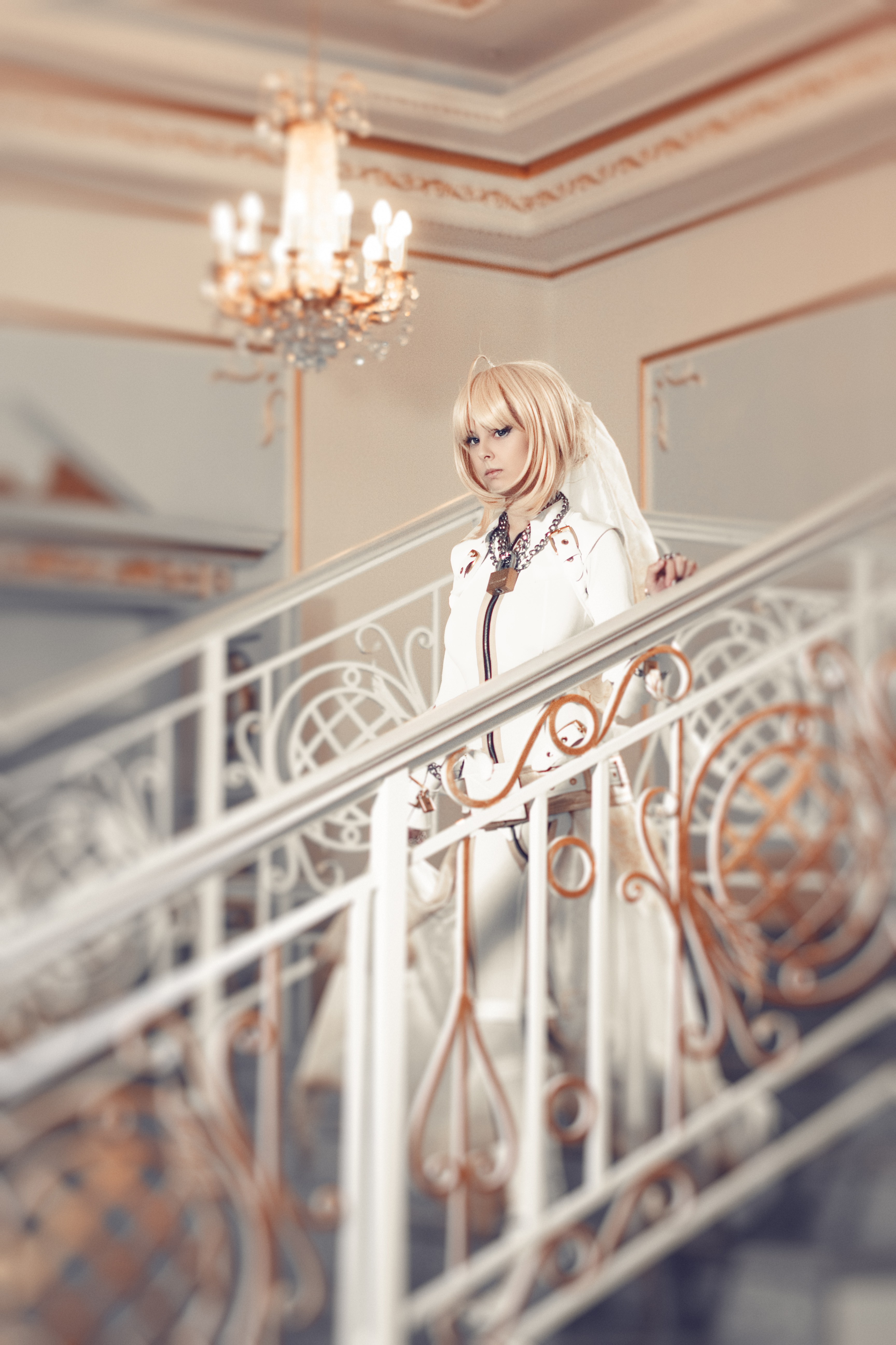Saber Bride cosplay by Helly von Valentine on stairs HD Wallpaper