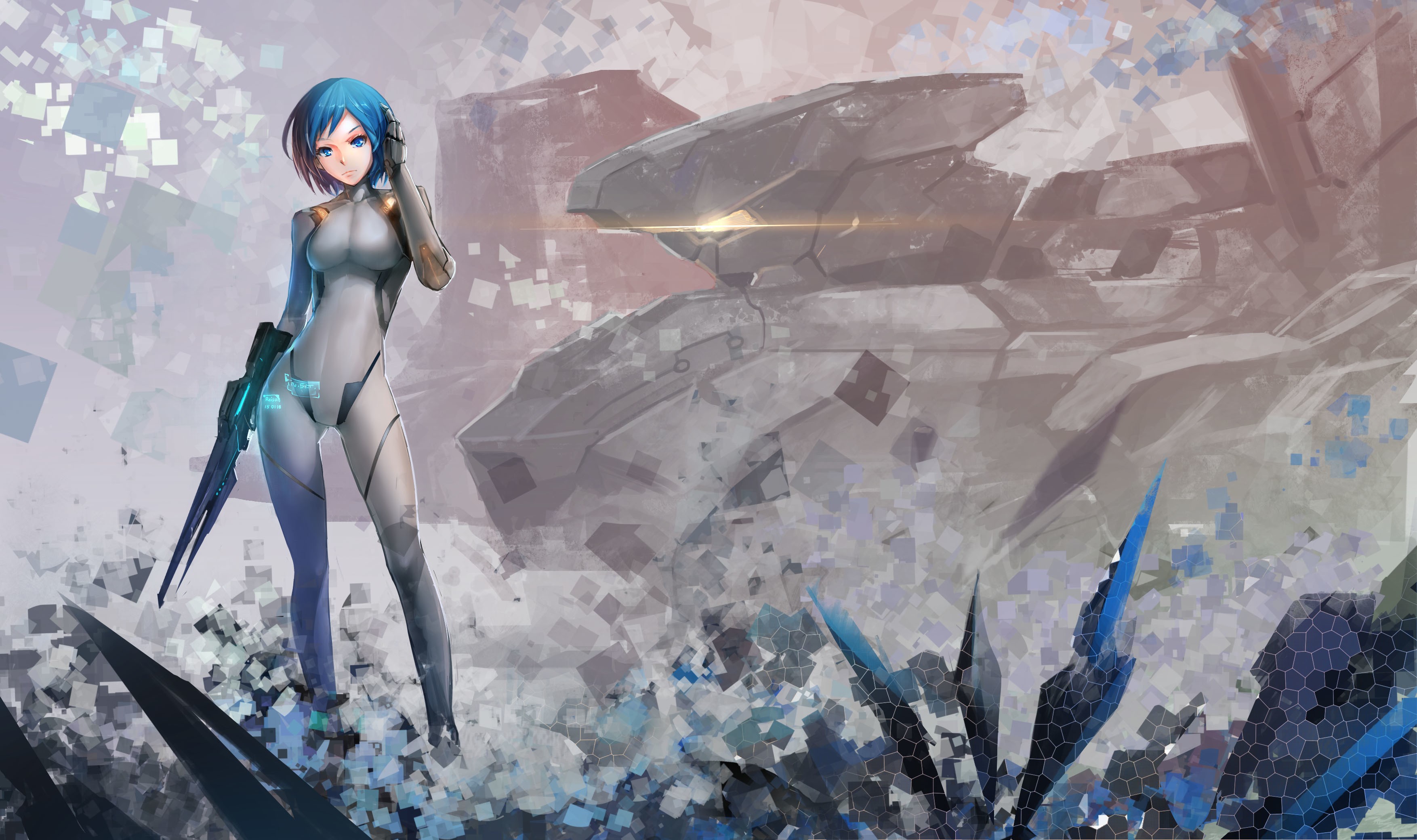 Futuristic anime girl with a gun and spaceship HD Wallpaper