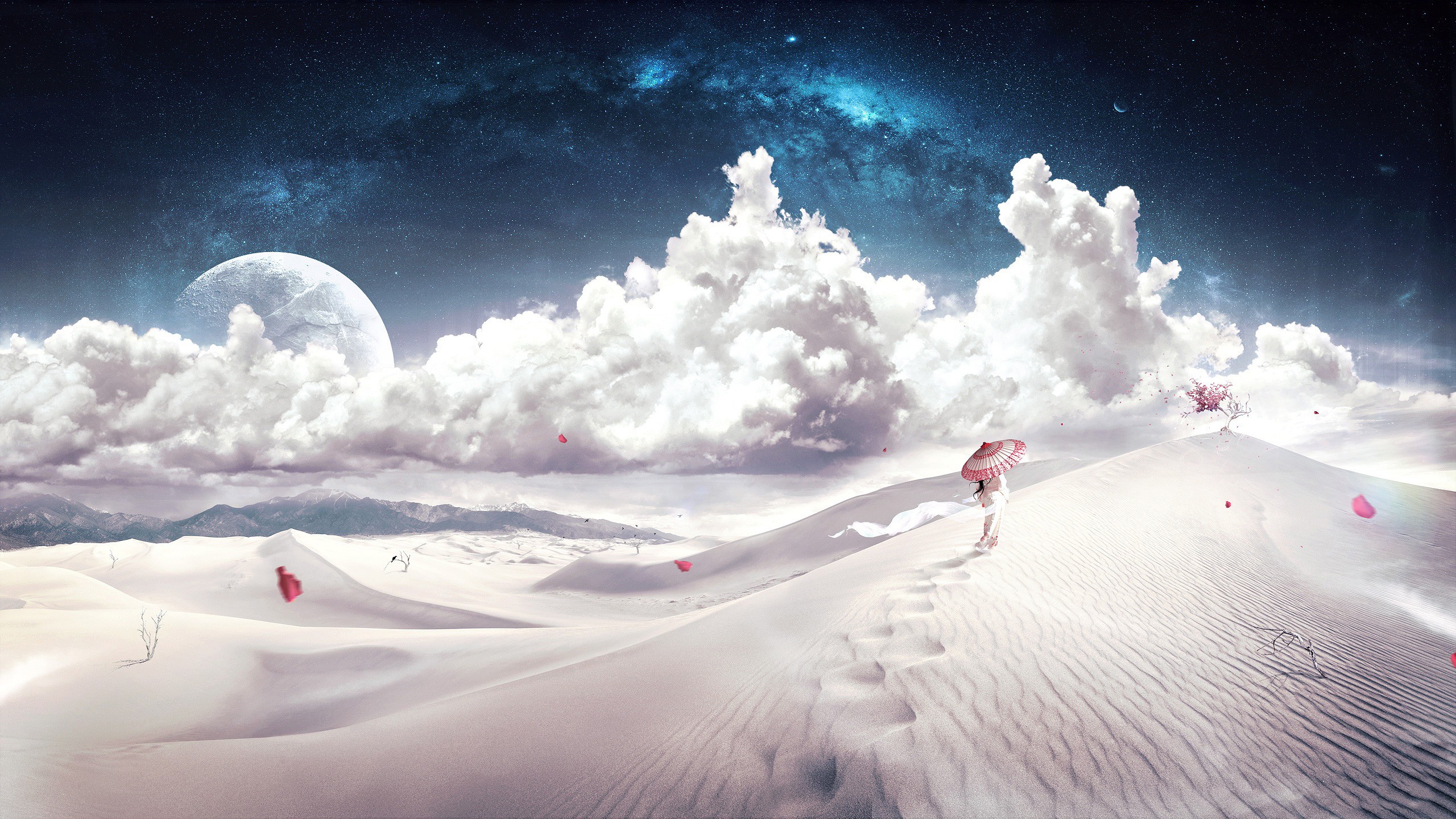 Fantasy art of a girl with a Japanese umbrella in a desert HD Wallpaper