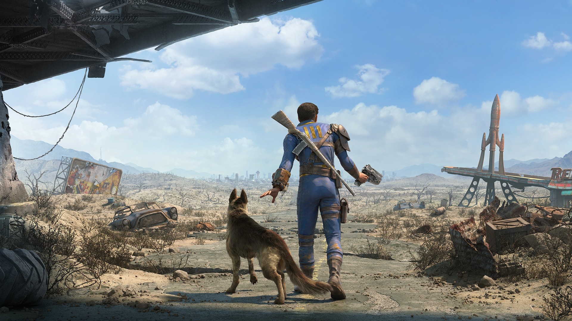 Fallout 4: Survivor and Dog in a Post-Apocalyptic Landscape HD Wallpaper