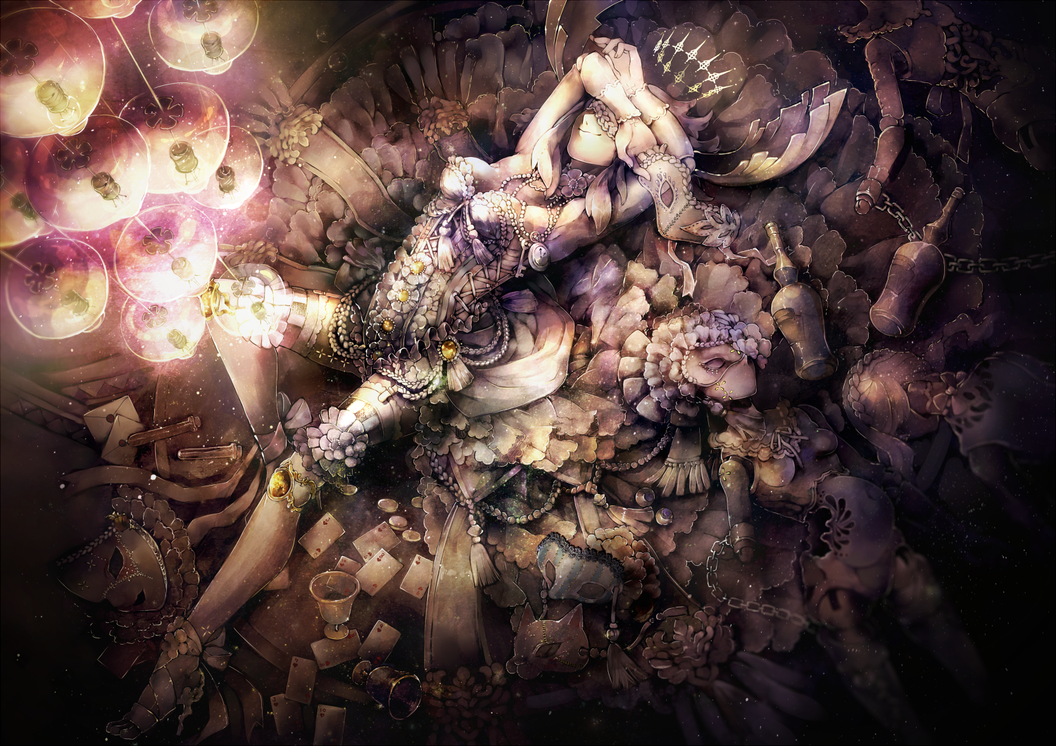 Anime girls in ornate dresses and masks HD Wallpaper