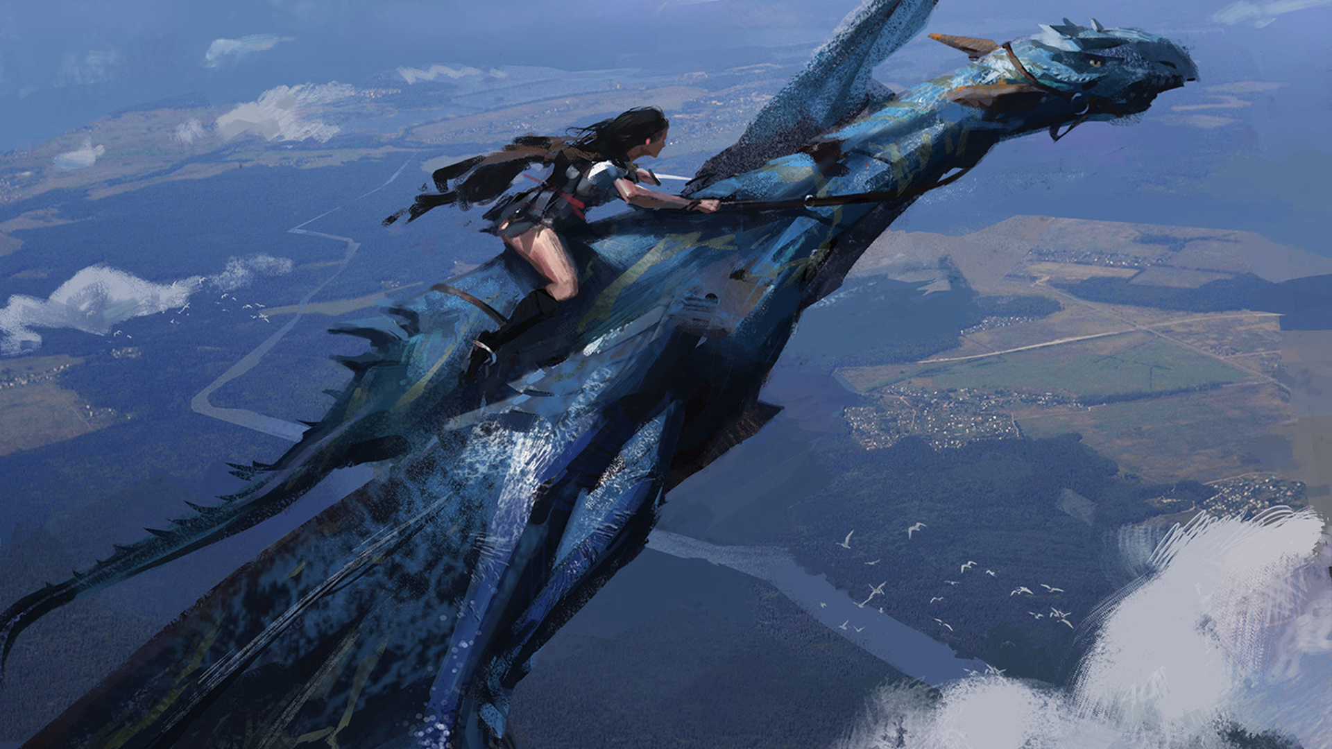 Warrior riding a blue dragon in an aerial view HD Wallpaper