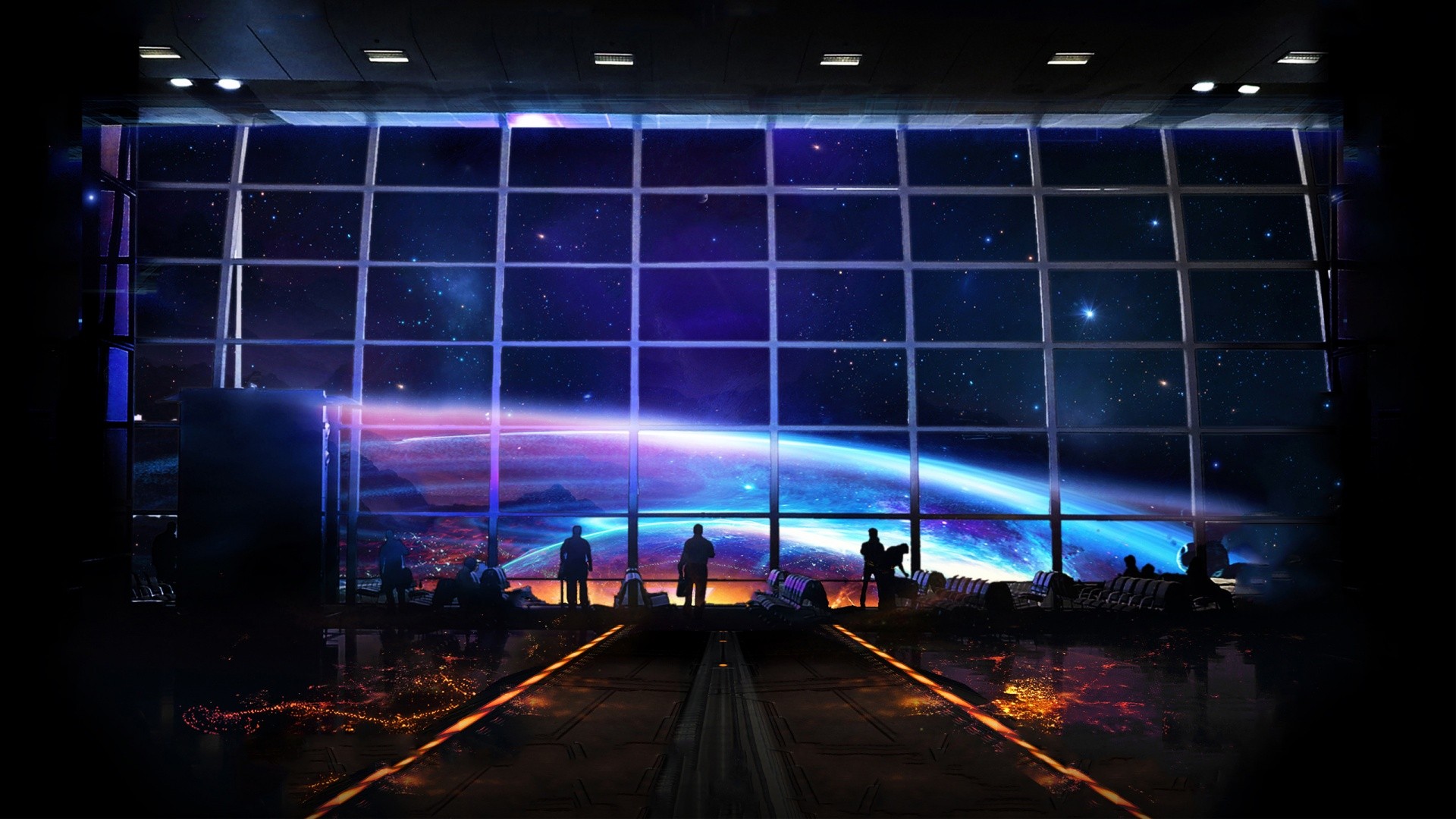 People looking out a window at a planet and stars HD Wallpaper