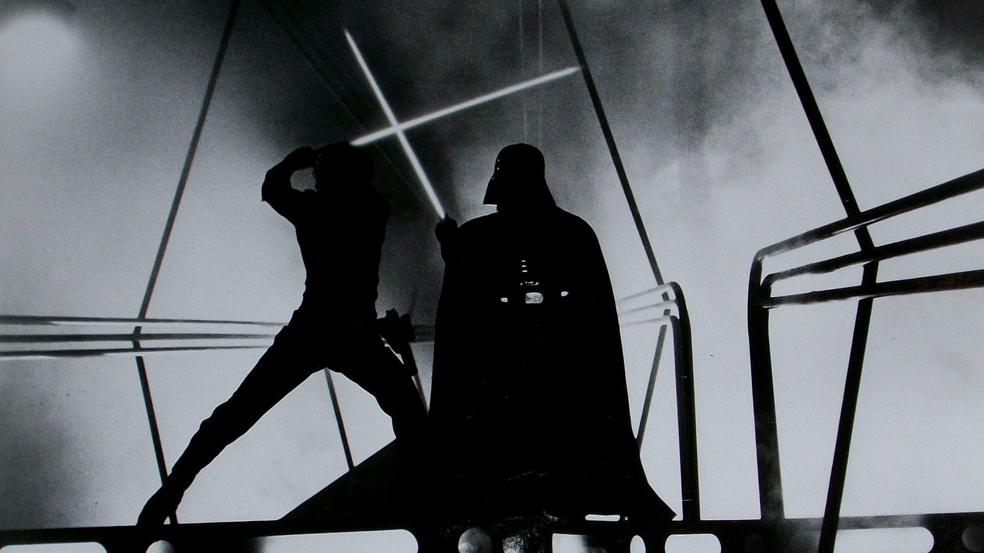 Darth Vader and Luke Skywalker duel with lightsabers HD Wallpaper