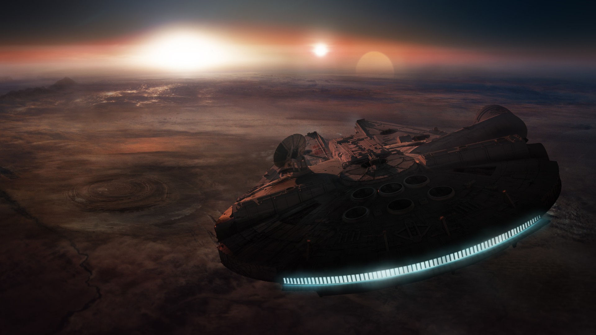 Millennium Falcon flying over a planet at sunset HD Wallpaper