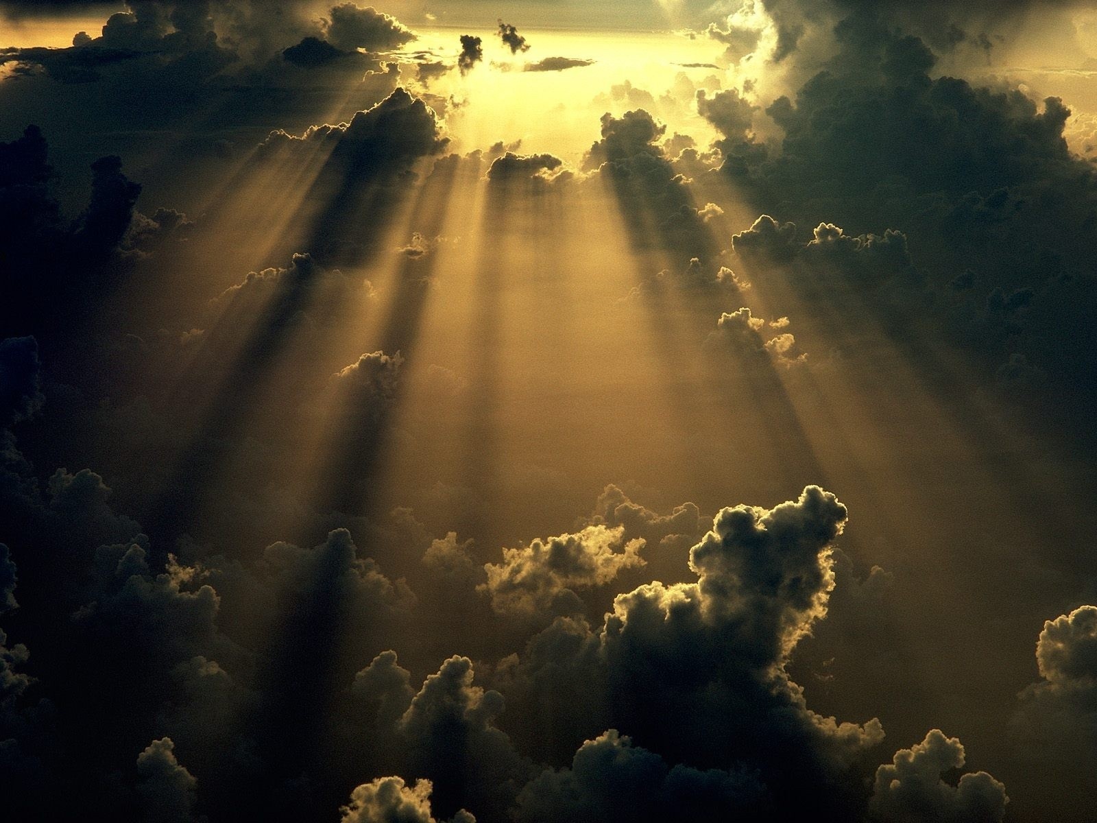 Sunbeams shining through dramatic clouds HD Wallpaper