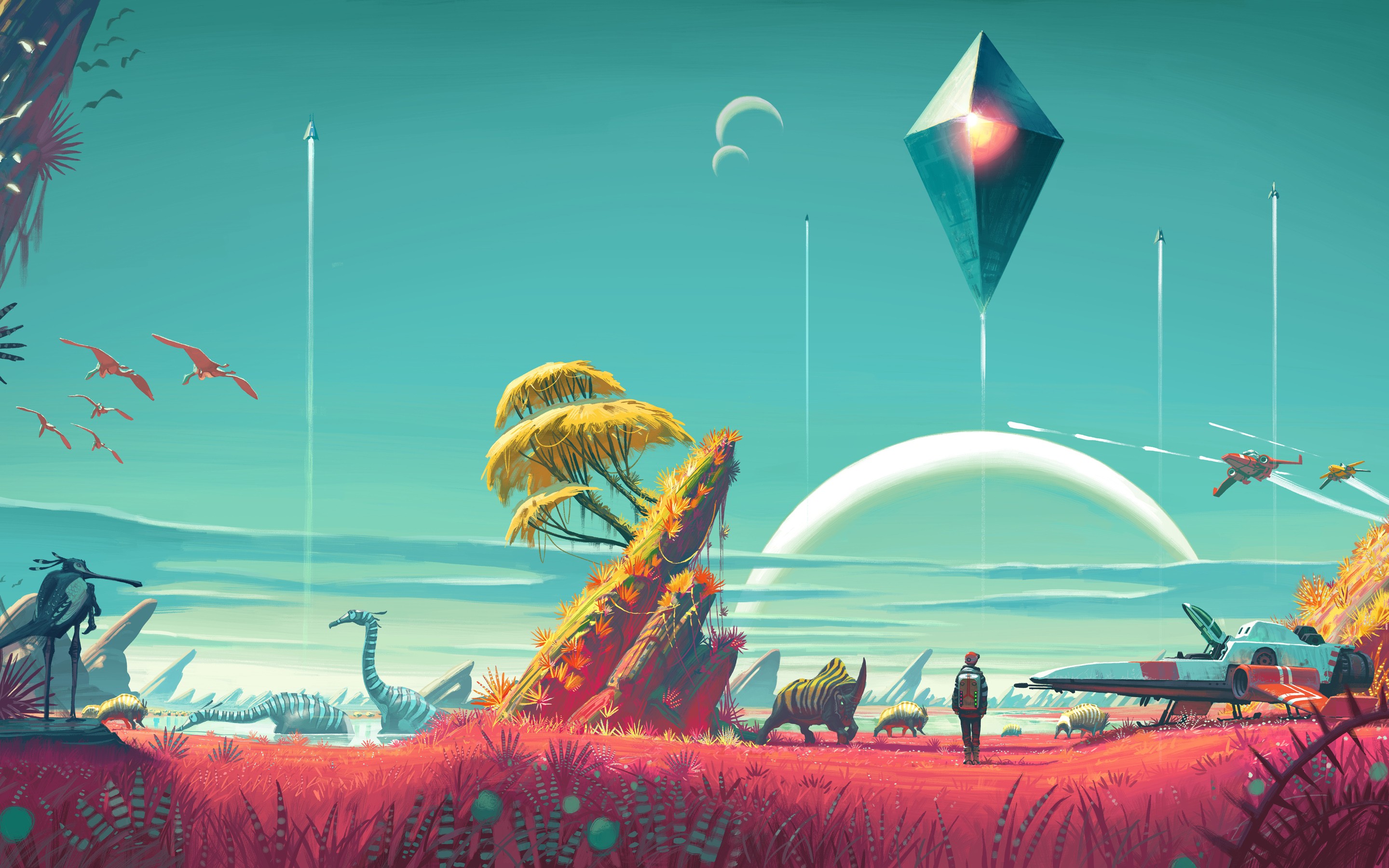 No Man's Sky alien planet with spacecraft and creatures HD Wallpaper