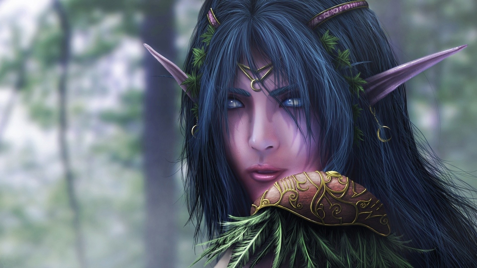 World of Warcraft Elf with Blue Hair and Pointed Ears HD Wallpaper