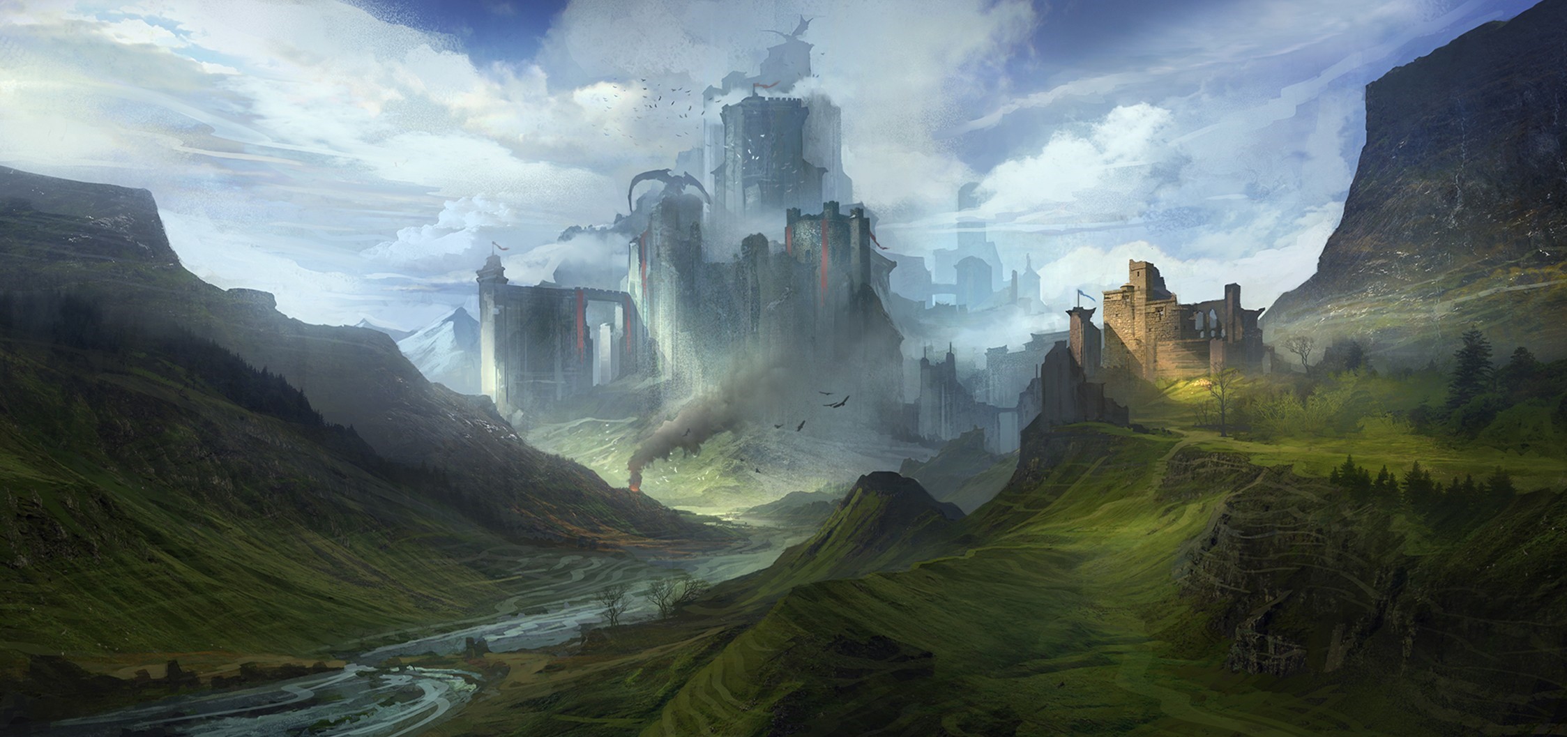Fantasy castle ruins in a misty valley HD Wallpaper