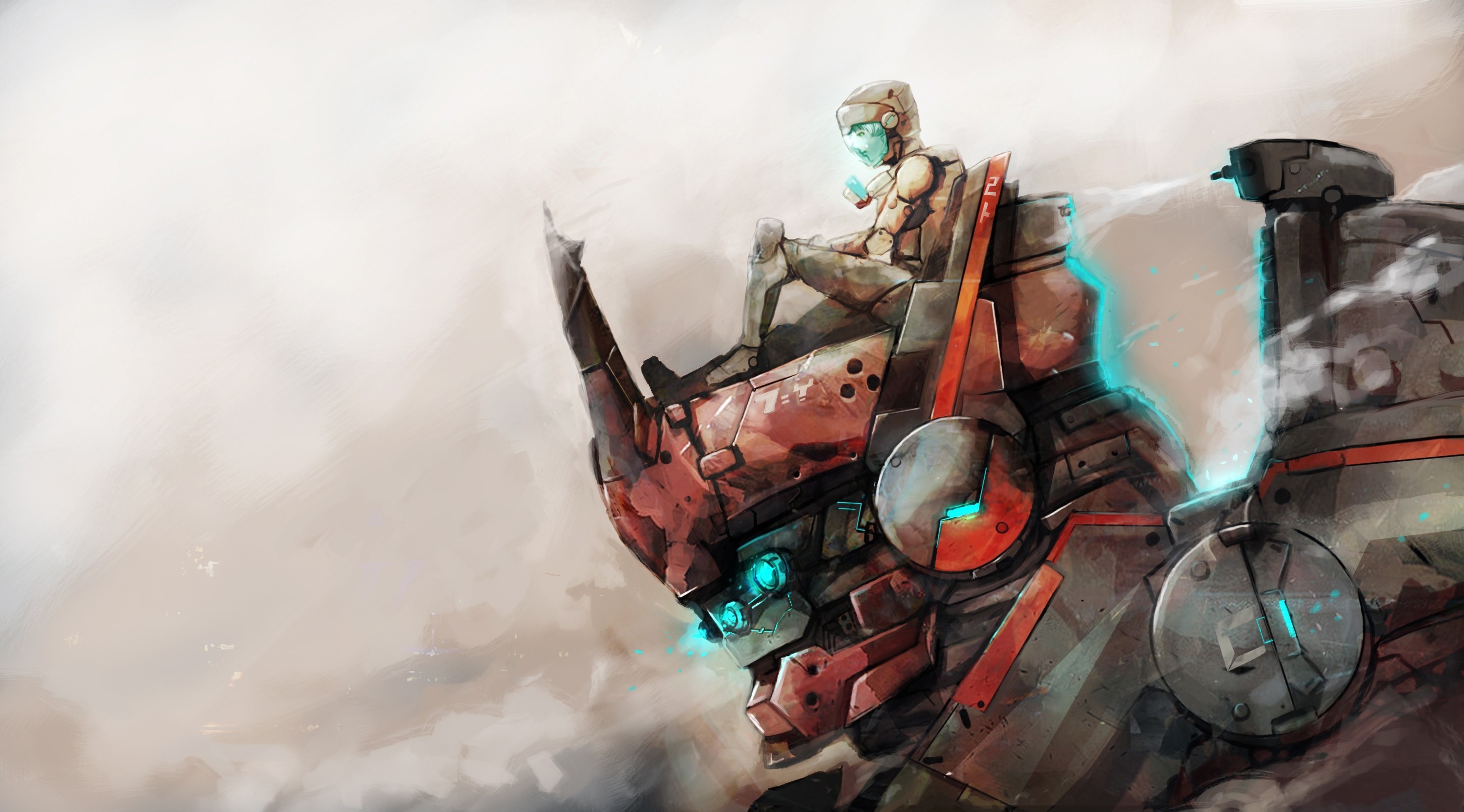 Robot pilot sitting on a giant robot's head HD Wallpaper
