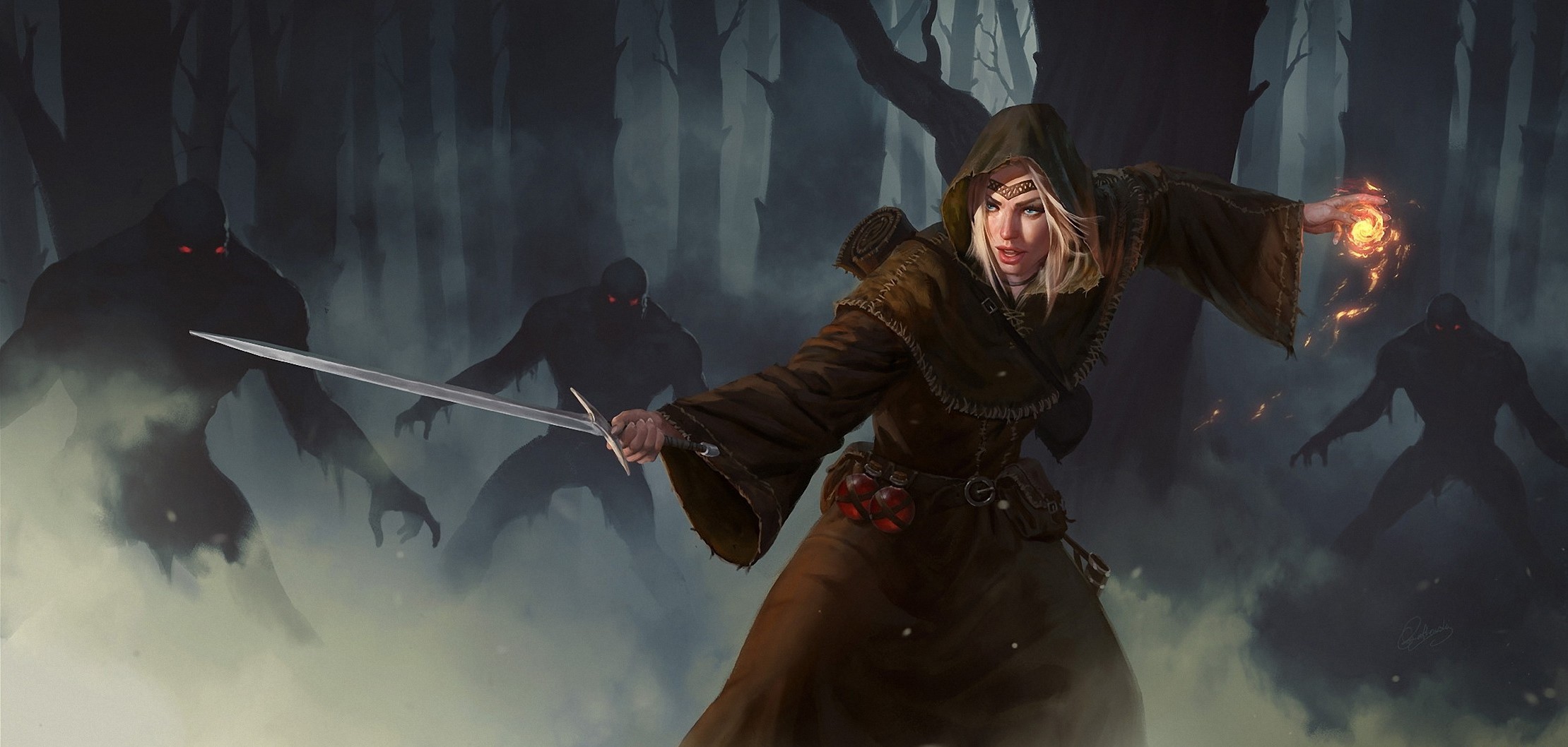 Fantasy art of a woman fighting monsters in a forest HD Wallpaper