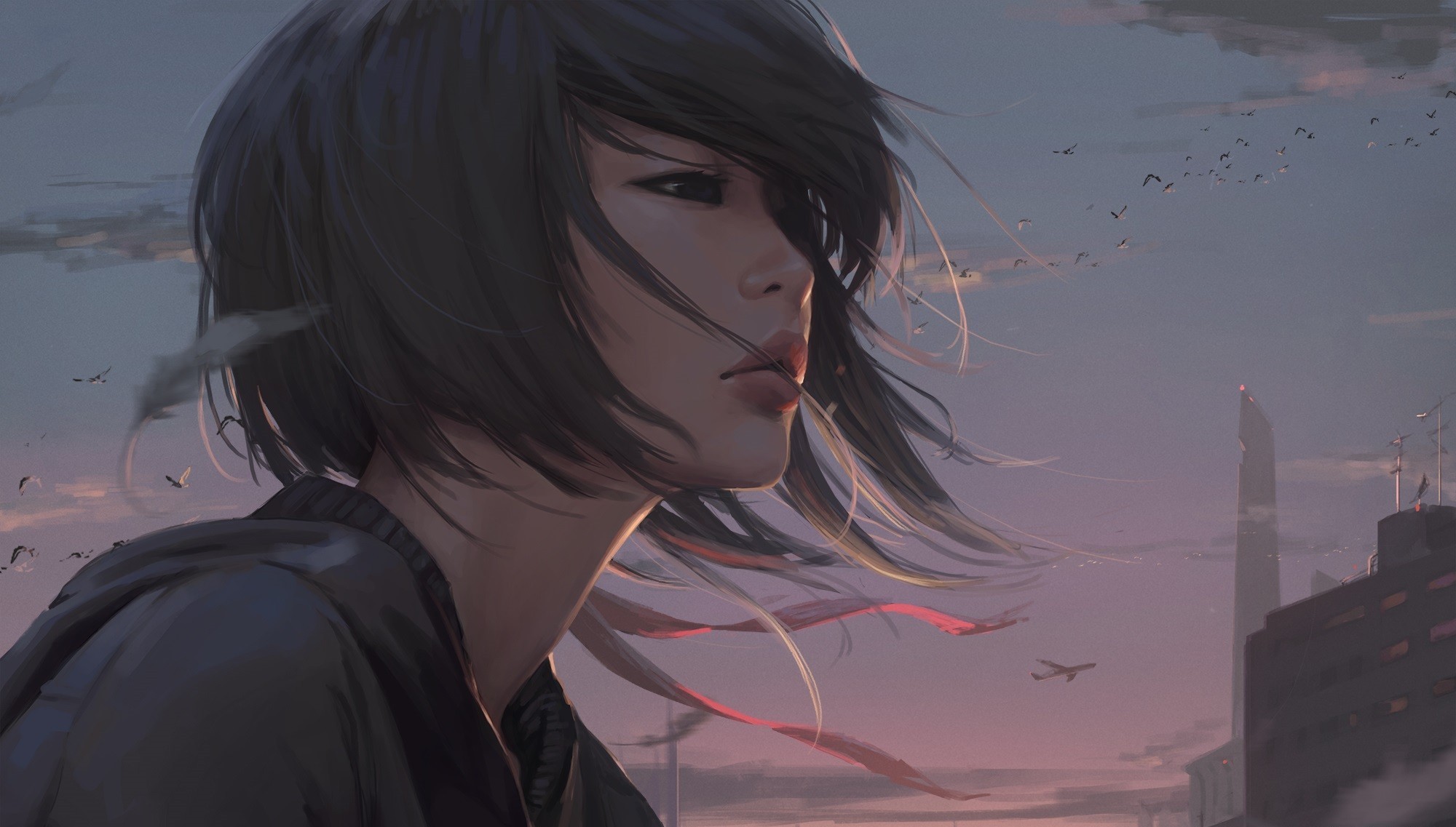 Artwork of a woman looking out at a city at dusk HD Wallpaper