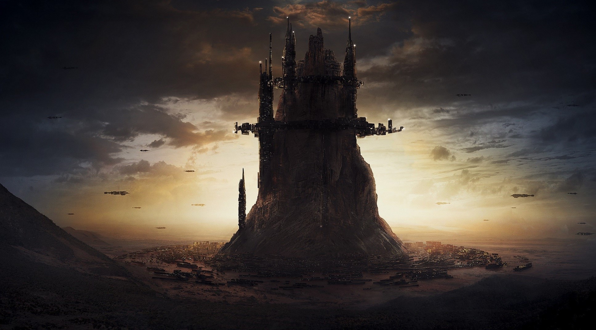 Sci-fi city built on a mountain with flying vehicles HD Wallpaper