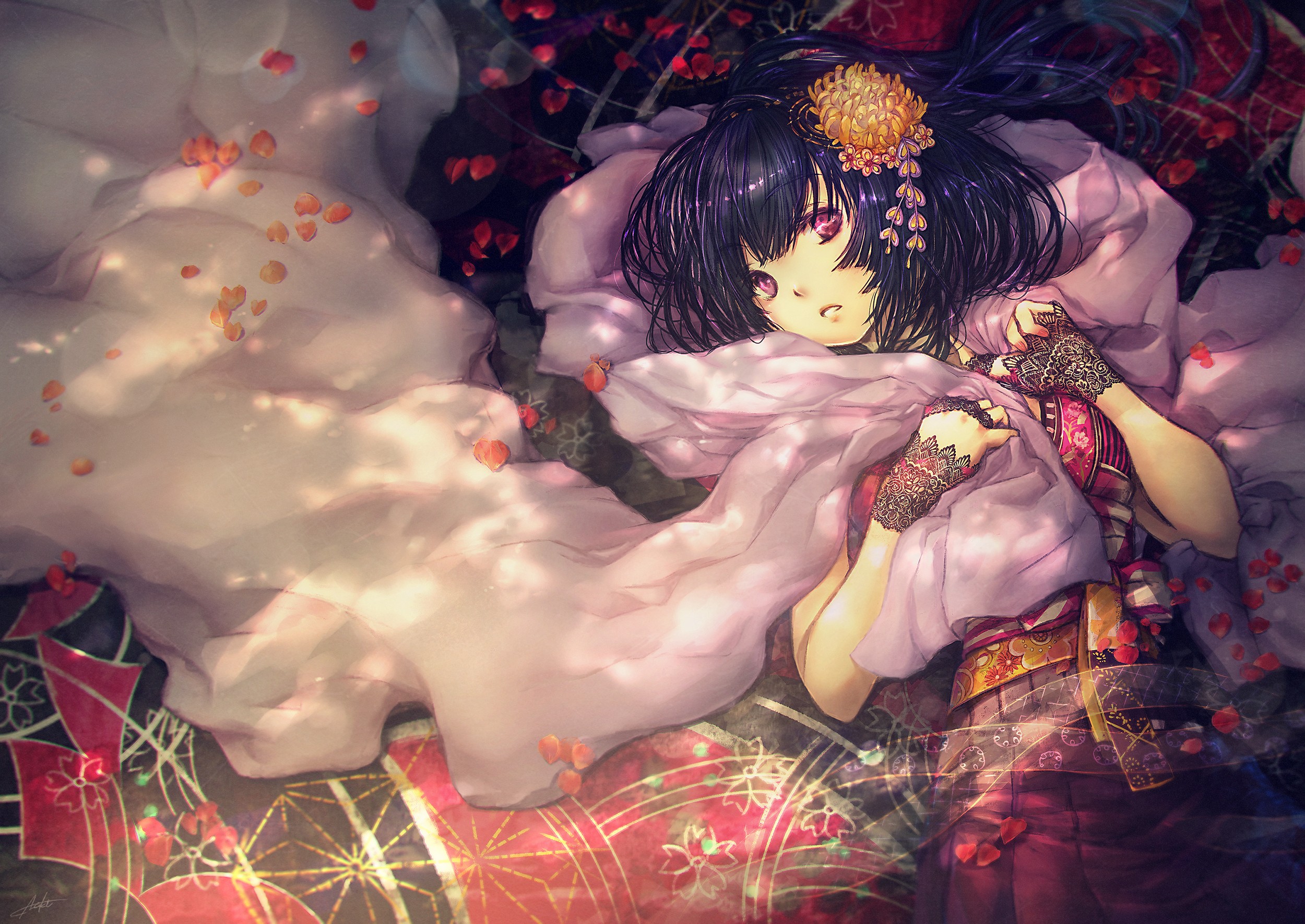 Anime girl with black hair and flower in hair HD Wallpaper