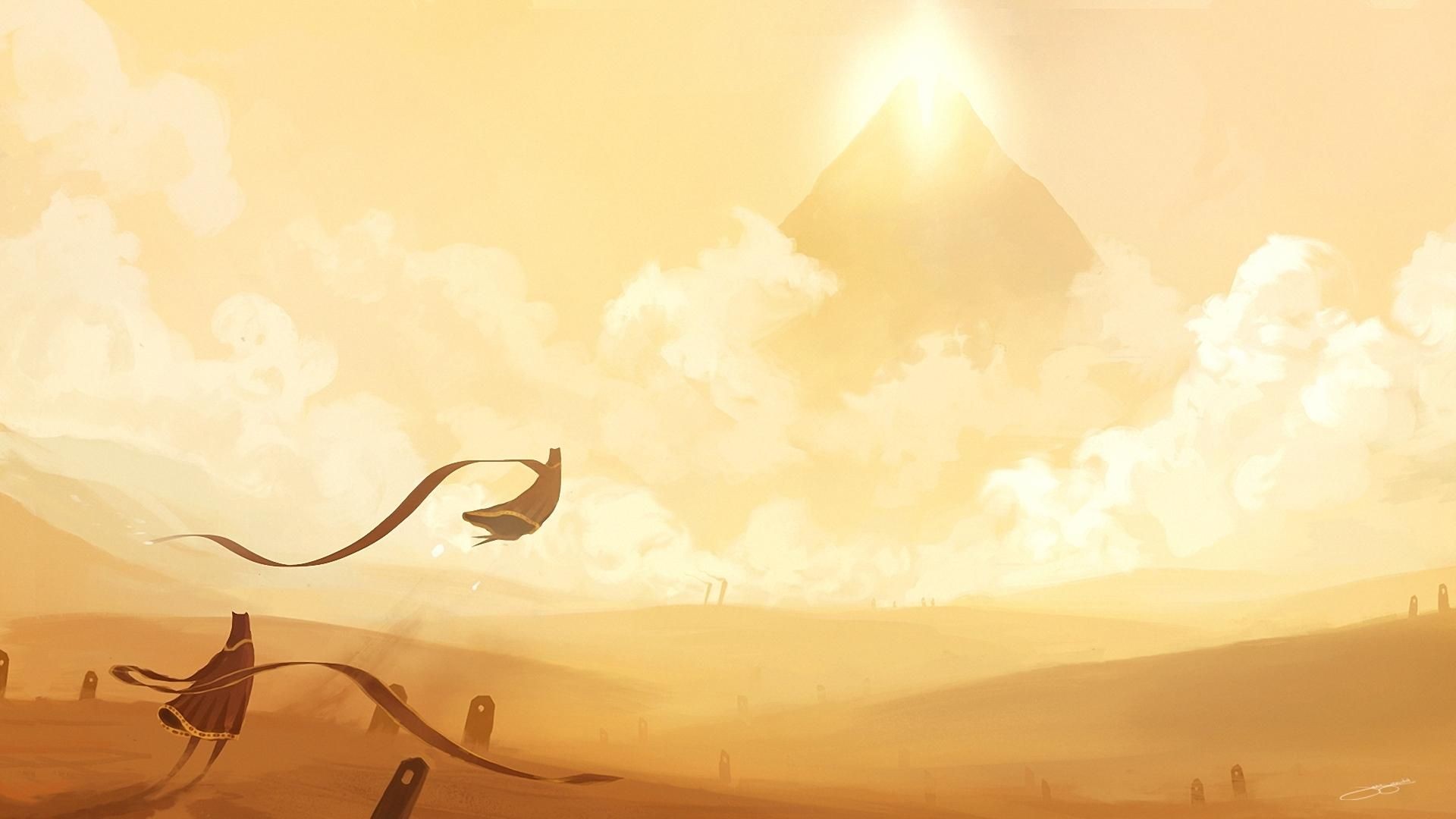 Two robed figures journey across a desert towards a mountain. HD Wallpaper