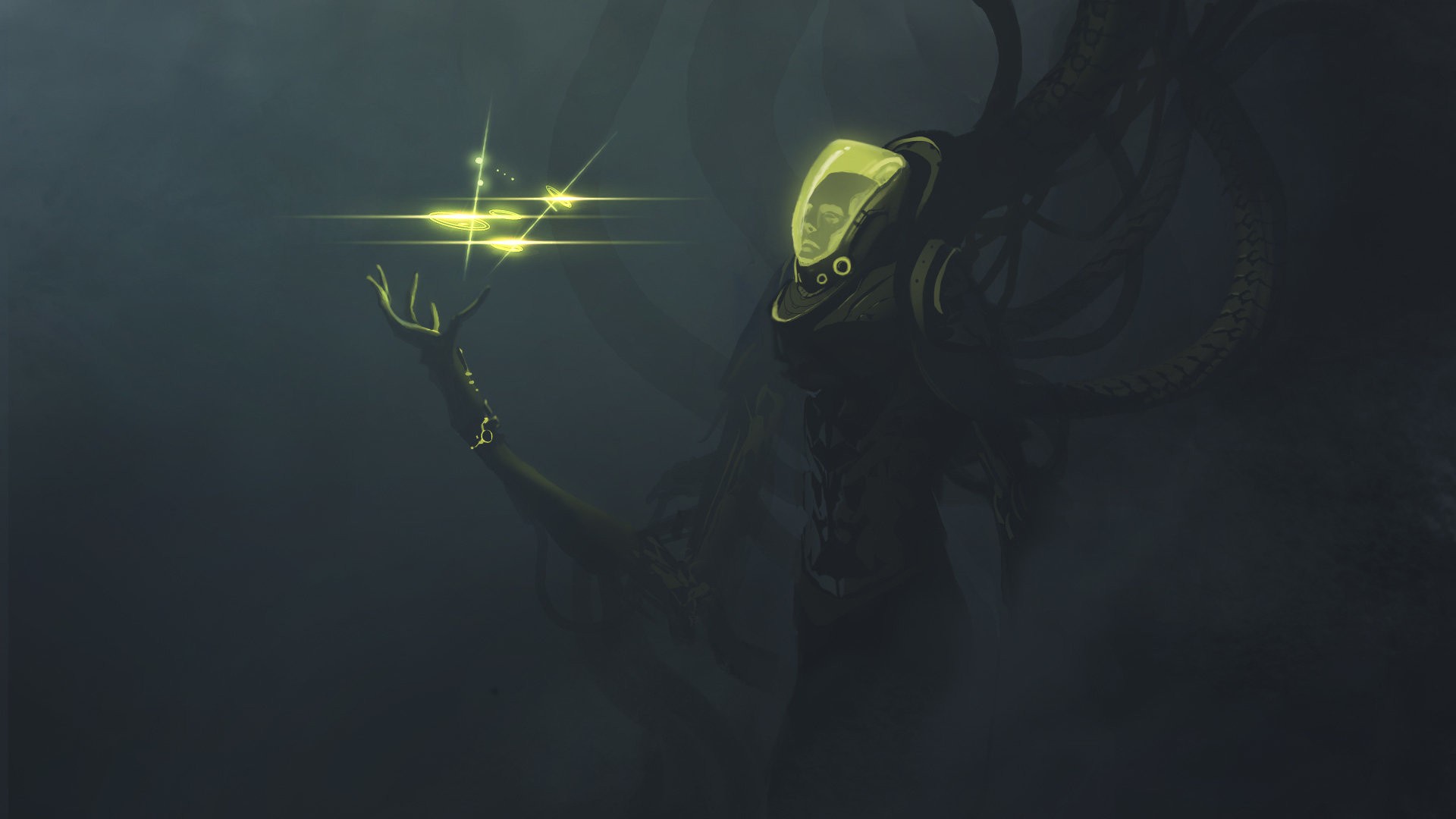 Sci-fi character with glowing lights and tentacles HD Wallpaper