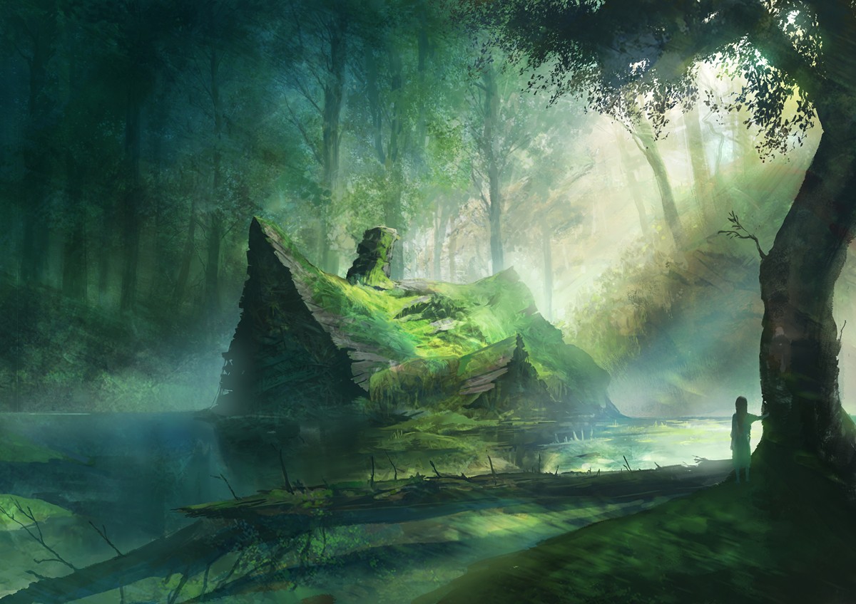 Fantasy art of a mystical forest with ruins HD Wallpaper